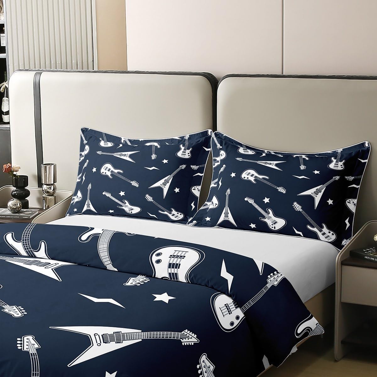 Manfei King Size 100% Cotton Guitar Bass Duvet Cover Music Theme Guitars Bedding Set Boys Girls Funny Musical Instrument Soft Comforter Cover Kids Bedroom Decor,No Comforter,Navy Blue