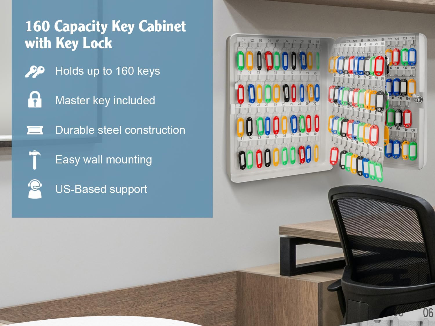 Barska 160-Key Organizer Lock Box – Wall Mount Steel Key Cabinet with Numbered Hooks, Color-Coded Key Tags & Secure Lock – Gray