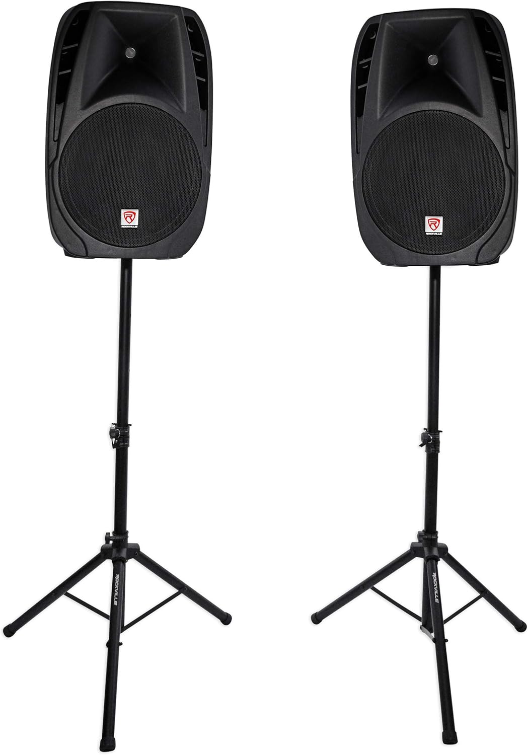 Rockville RPG2X15 Bundle: (2) 15 in Passive PA Speakers, 8-Channel Powered Mixer with Bluetooth, USB/SD, (2) Tripod Stands, (2) Wired Microphones, (2) 10 ft Speaker Cables, Karaoke Ready, 9-Items