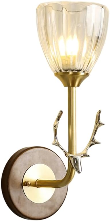 Vintage Wood Indoor Wall Sconce, Modern Gold Wall Light Fixture with Clear Glass Shade, Antler Decor Wall Mount Light for Living Room Bedside Bedroom Hallway Home Decor