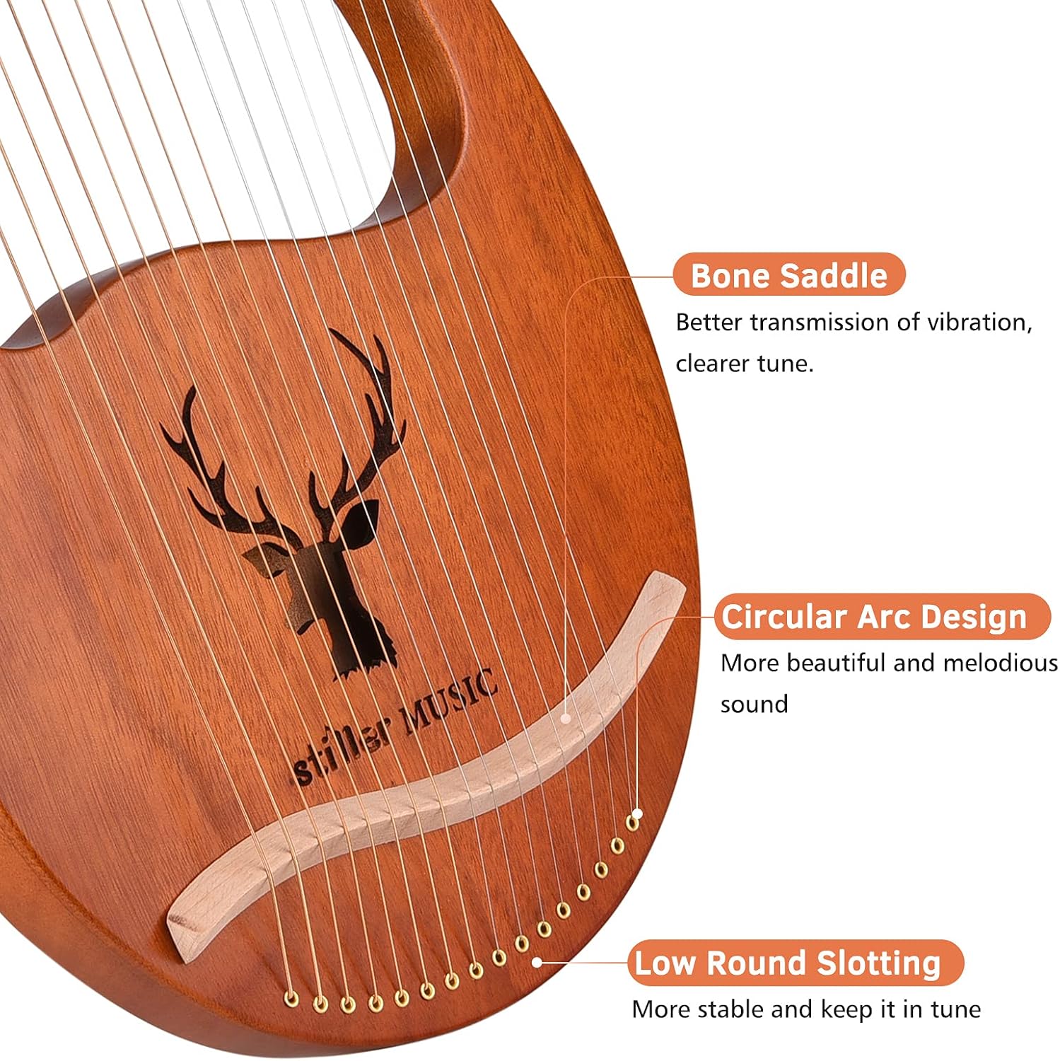 Lyre Harp, 16 String Lyre Harp Elk Pattern Solid Wood String Instrument Harp Harps with Tuning Hammer Strings Cleaning Cloth Picks for Beginners