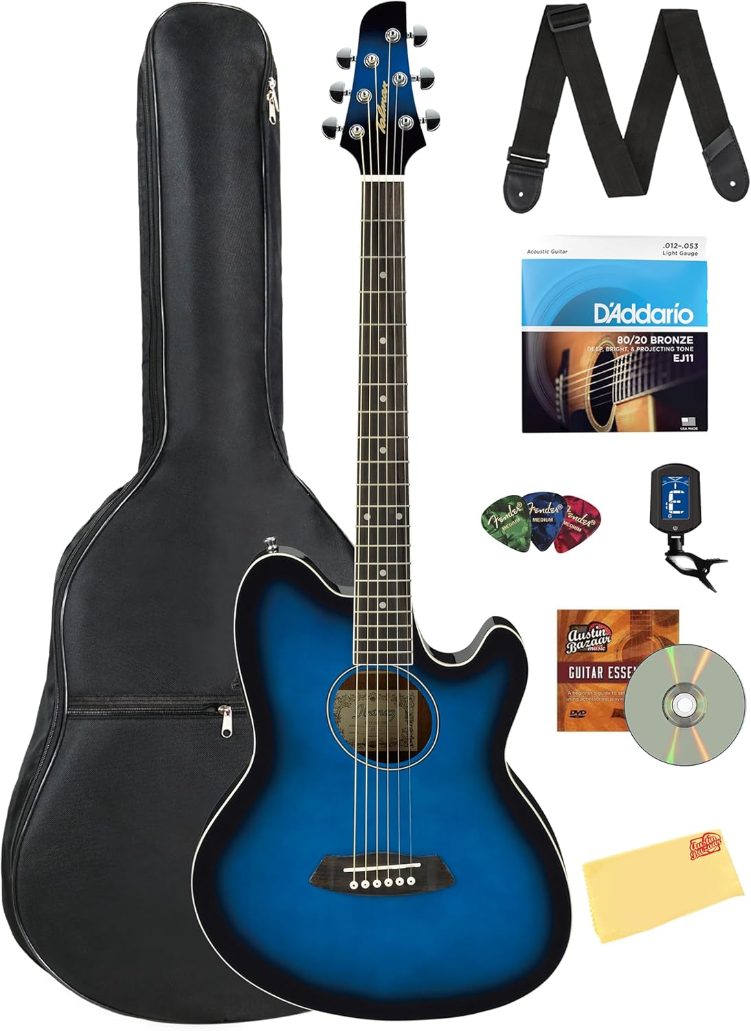Ibanez TCY10E Talman Acoustic-Electric Guitar - Transparent Blue Sunburst Bundle with Gig Bag, Tuner, Strap, D'Addario Strings, Picks, Austin Bazaar Instructional DVD, and Polishing Cloth