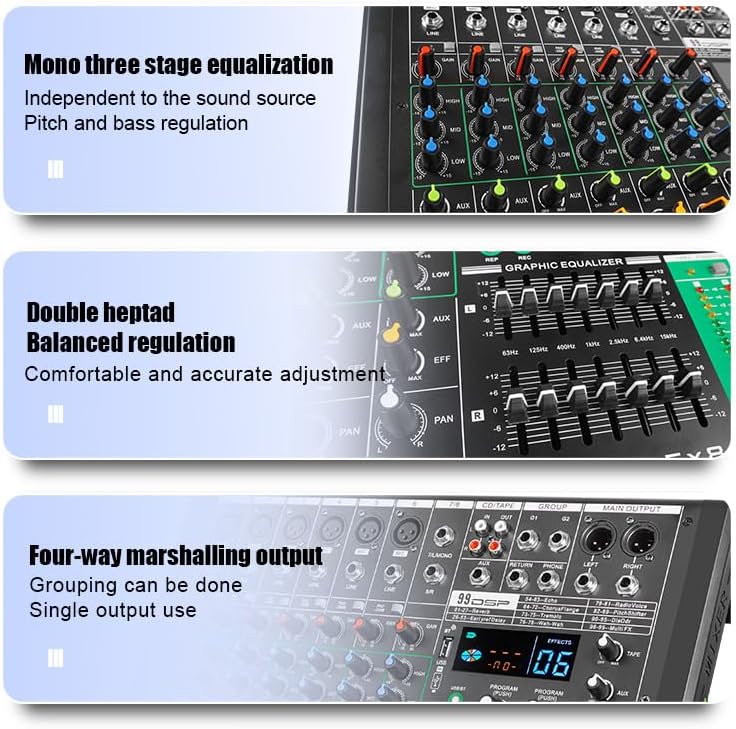 EX8 8-Channel Mixer and Sound Card Interface with Bluetooth/MP3, Dual 7 Band EQ+99 Reverb Effect for Home Studio, Podcast, Live - Desktop Digital Mixer Console for PC/DAW Recording