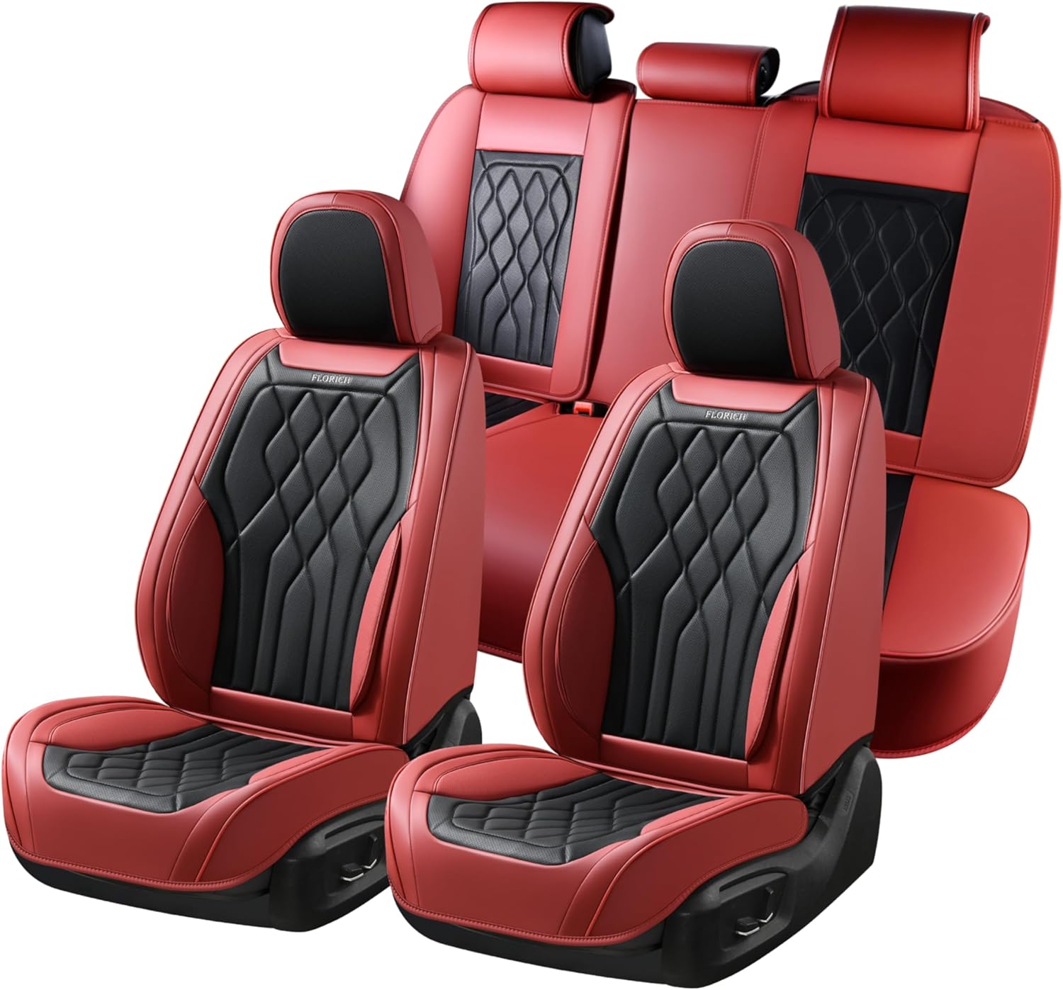 FLORICH Automotive Seat Covers Full Set, Leather Car Seat Protector, Waterproof Seat Covers for Cars, Black and Red Seat Protector Universal Fit Most Vehicles (Red&Black)