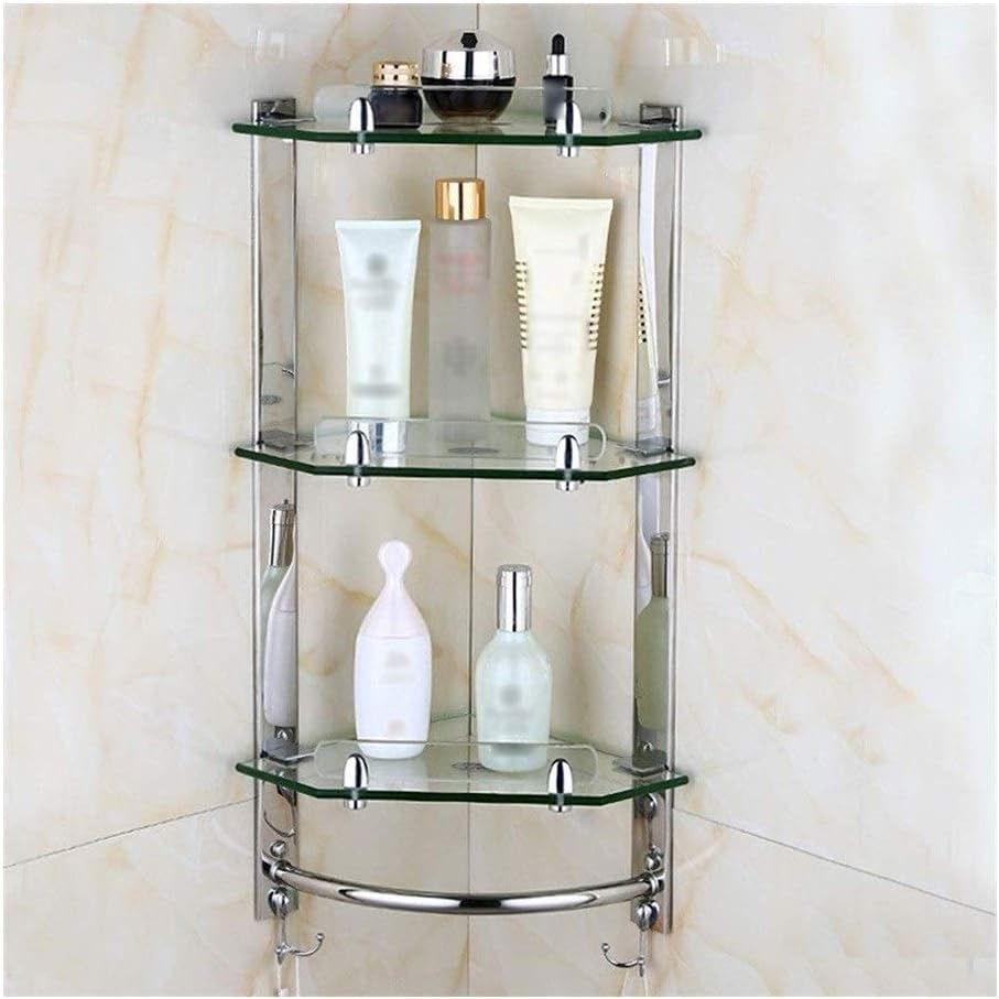 Glass Corner Shelf, with Aluminum Rail and Towel Bar Tempered Glass 8Mm Thick Bathroom Shelf Wall Mount Storage(3 Tiers)