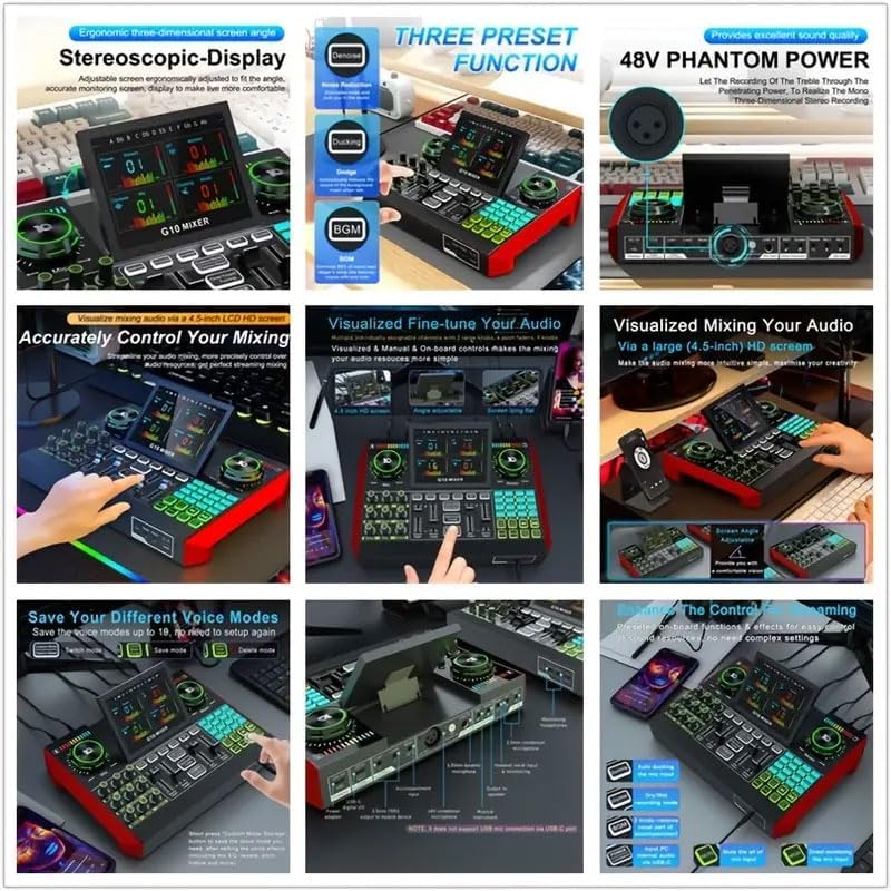 Podcast Equipment Bundle Audio Mixer, Sound Board for PC/Phone Live Streaming Singing Gaming, Sound Mixer for 3.5mm/Xlr Dynamic/48V Microphone, Live Sound Card with DJ Mixer Effects & Voice Changer