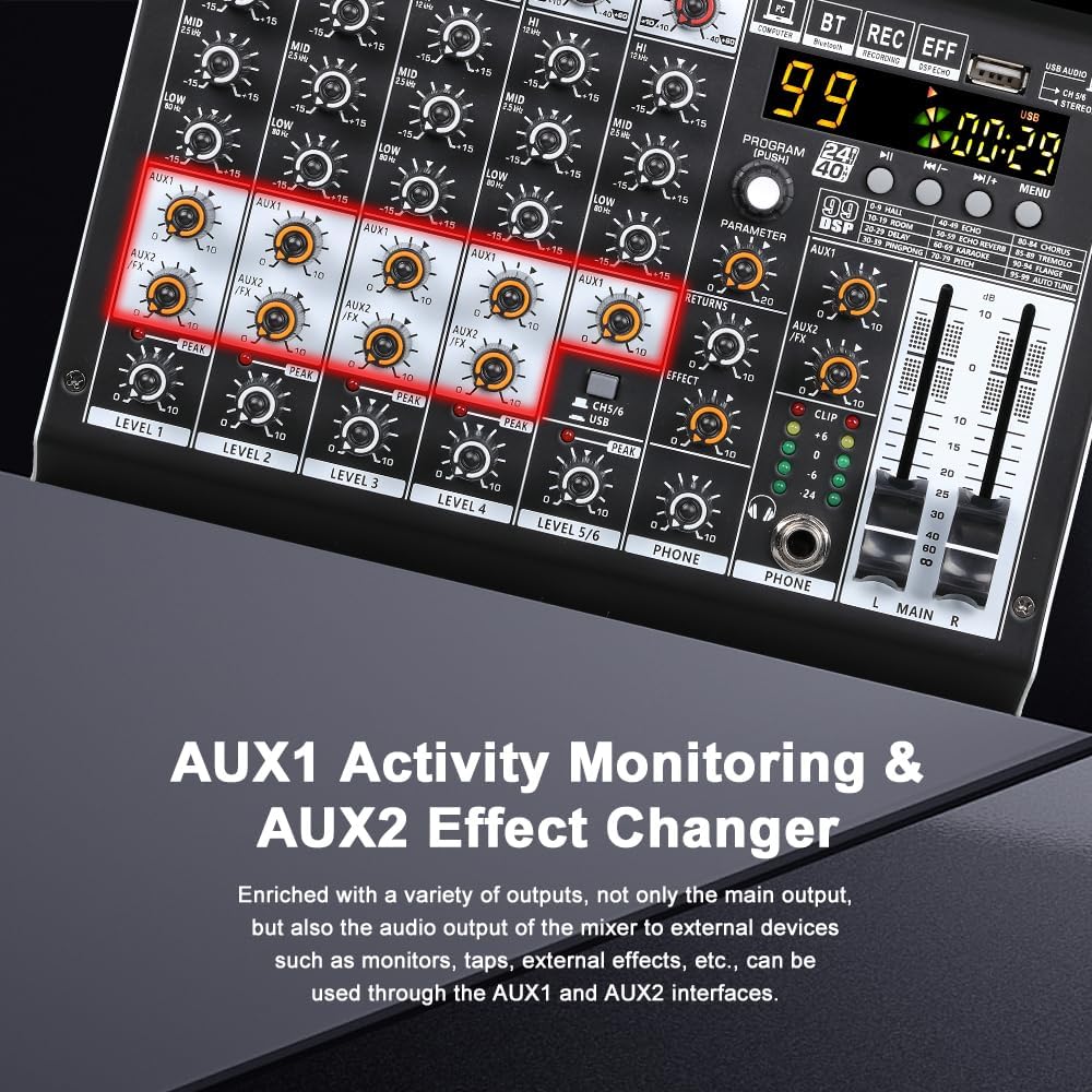 BOMGE Professional audio mixer 6 Channel Mixing Console with 99 DSP Effect,+48V Phantom, Bluetooth,USB Interface.2 AUX.FX Processor for studio recording & Live Performances