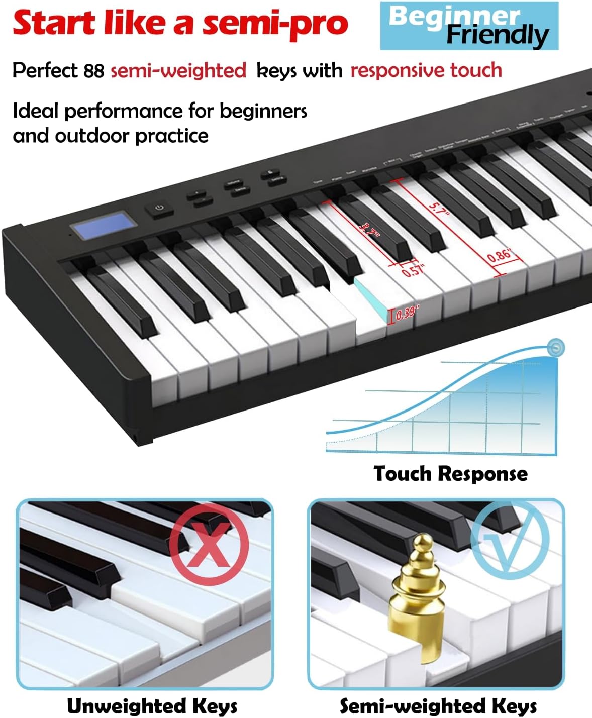 NikoMaku Semi-weighted 88 Keys Piano Keyboard Compact Portable Digital Piano Set for Beginners with Stand, Carrying Case, Sustain Pedal, Headphones, SWAN-S White