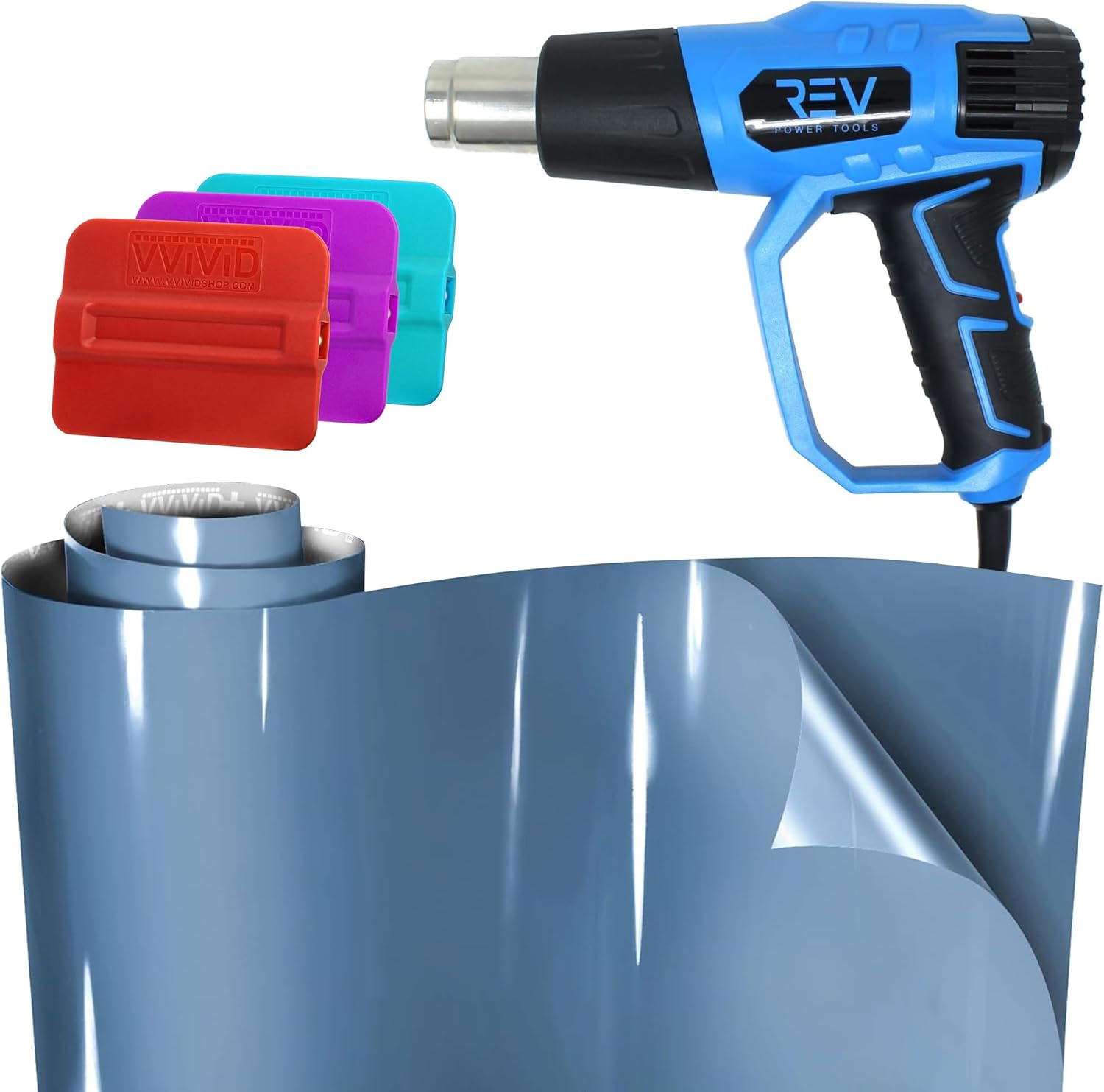 VViViD+ Ultra Gloss China Blue Vinyl Wrap (3ft x 5ft) + Blaze Turbo Heat Gun + Magnetic Squeegees 3 Pack (Hard, Medium & Soft) Bundle - M0