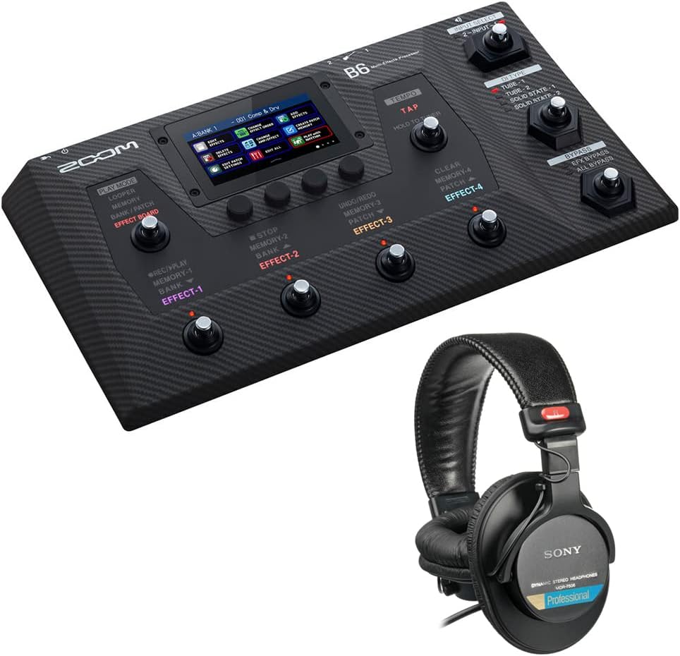 Zoom B6 Bass Multi-Effects Processor with 2-in/2-out USB Audio Interface for Electric Bass Bundle with MDR-7506 Headphones