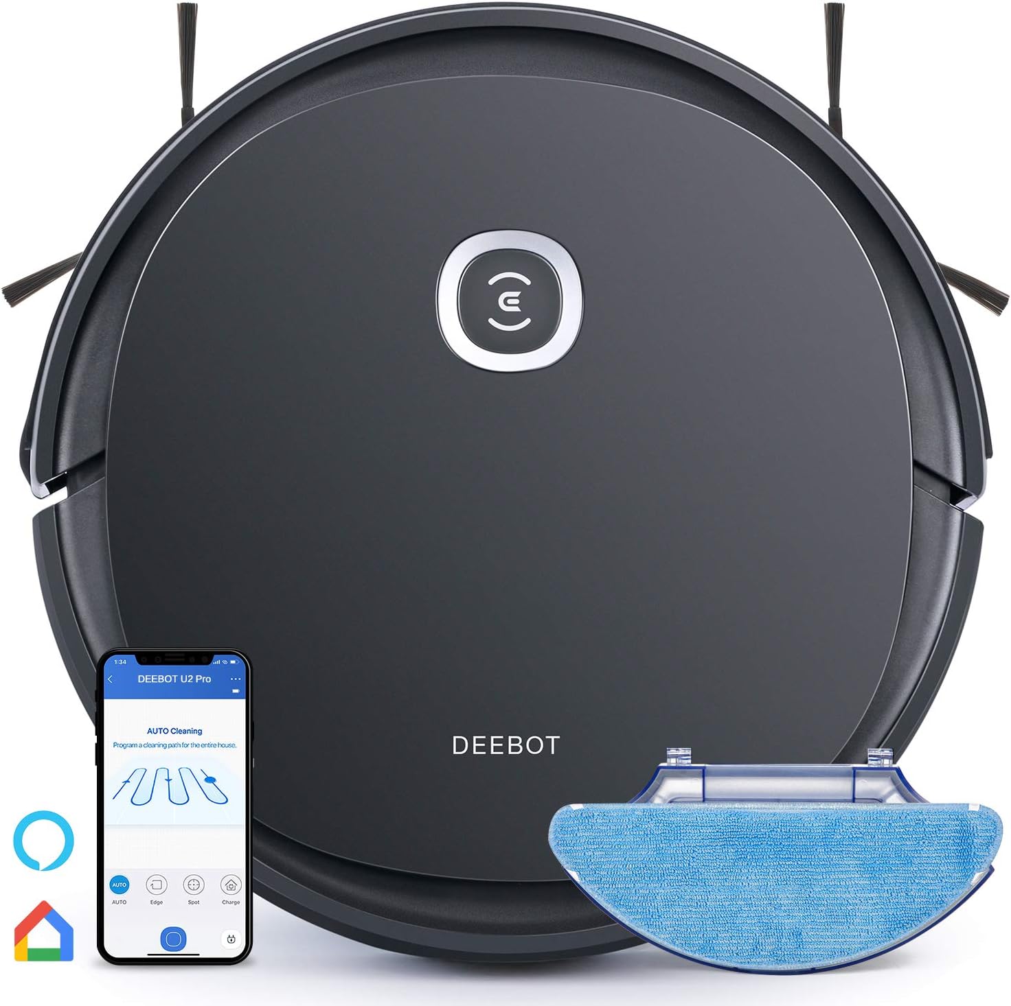 ECOVACS DEEBOT OZMO U2 Pro Robot Vacuum Cleaner 2 in1 Vacuum and Mop, Extra Pet Care Kit 800ml Large Dustbin & Tangle-Free Brush, Ideal for Pet Hair, No-Go Zones, 2.5Hrs Run Time, Voice/App Control…