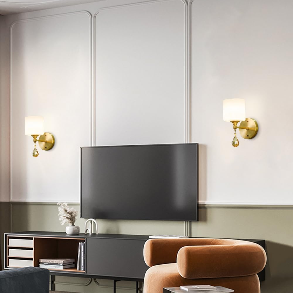 American Style Retro Wall Sconce, Glass Shade Wall Sconce Light with Crystal Pendant, Vintage Brass Indoor Wall Mount Light Fixtures for Living Room Bedroom Hallway Bathroom (Antique)