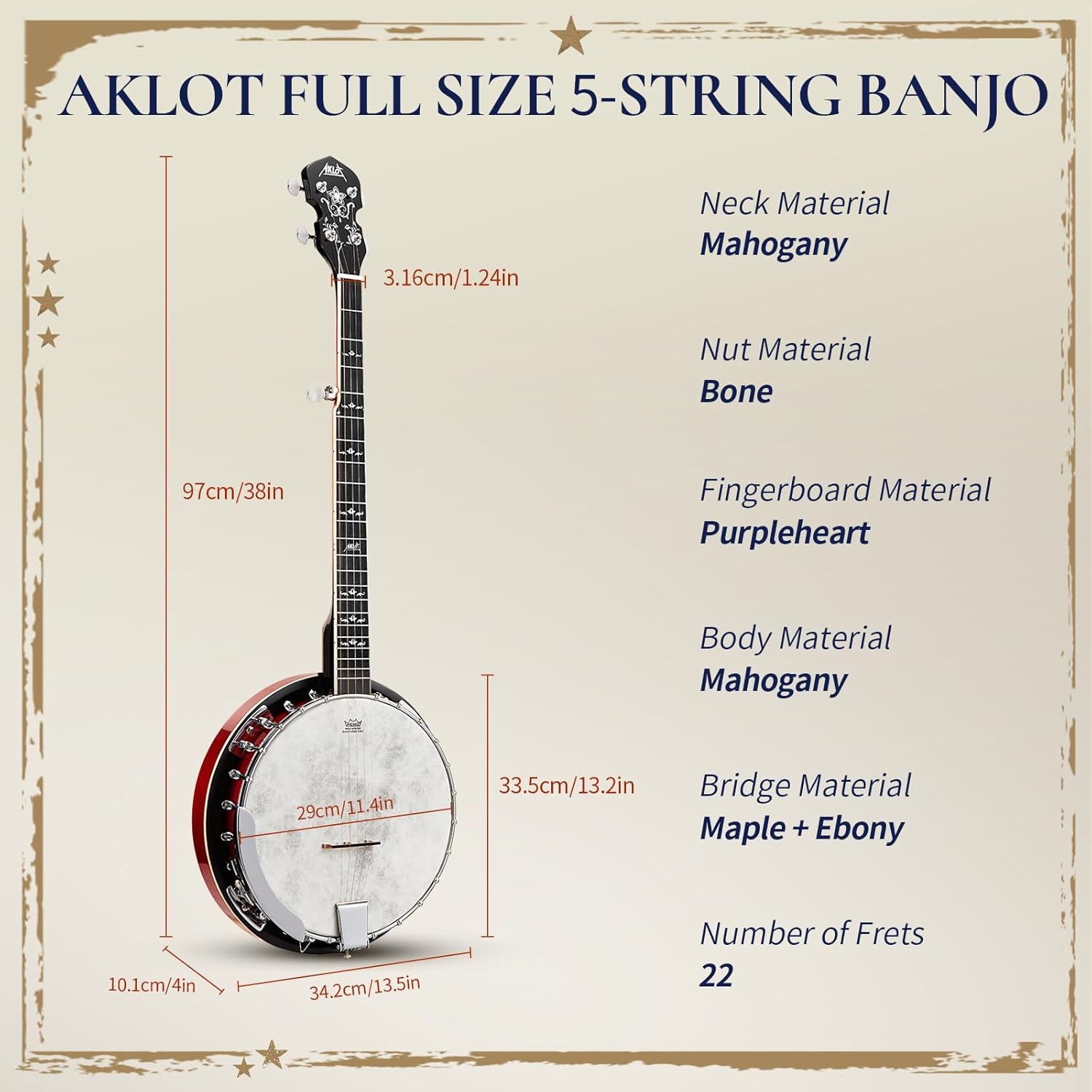 AKLOT Full-Sized Banjo with Remo Head: 38’’ 5 String Banjo Set with Removable Resonator, Geared 5th Tuner, 24 Brackets, Deluxe Beginner Kit with Gig Bag, Strings, Strap, Picks, Tuner, Bridge Ruler