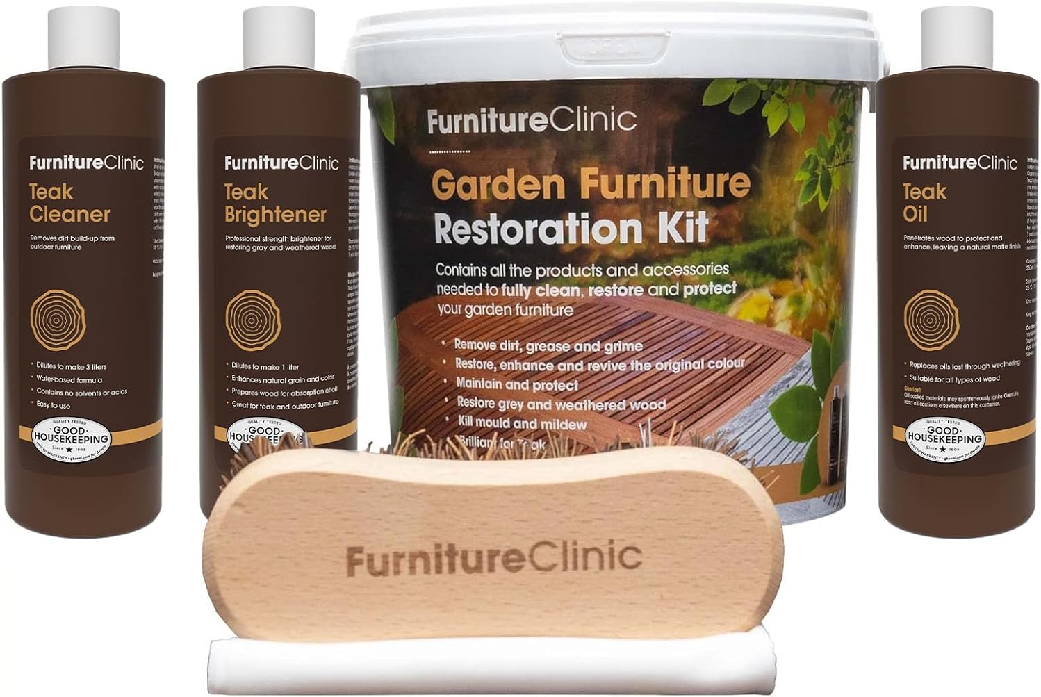 Furniture Clinic Garden Furniture Restoration Kit | For Outdoor Wood Patio Furniture Such as Teak & Other Wood Types | Clean, Remove, Brighten, Nourish, and Protect Treated and Untreated Surfaces