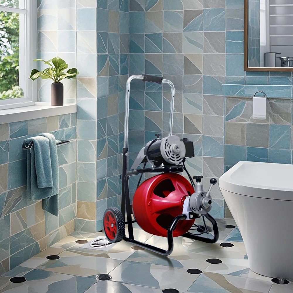 Electric Drain Snake Auger Machine with Auto Feed System 50FT 3/8 Inch Sewer Cleaning Tool for Home and Commercial Use