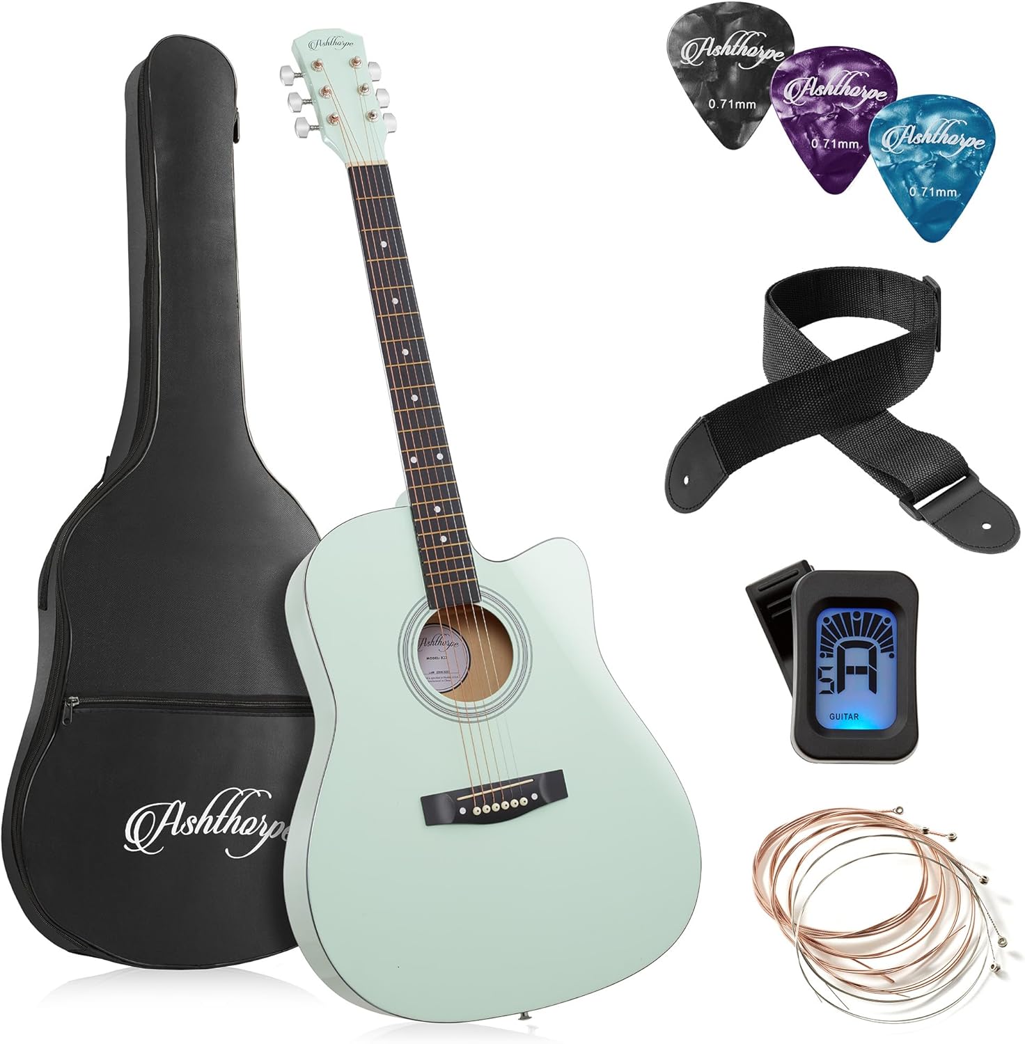 Ashthorpe 41-inch Beginner Cutaway Acoustic Guitar Package (Mint Green), Full Size Basic Starter Kit w/Gig Bag, Strings, Strap, Tuner, Picks