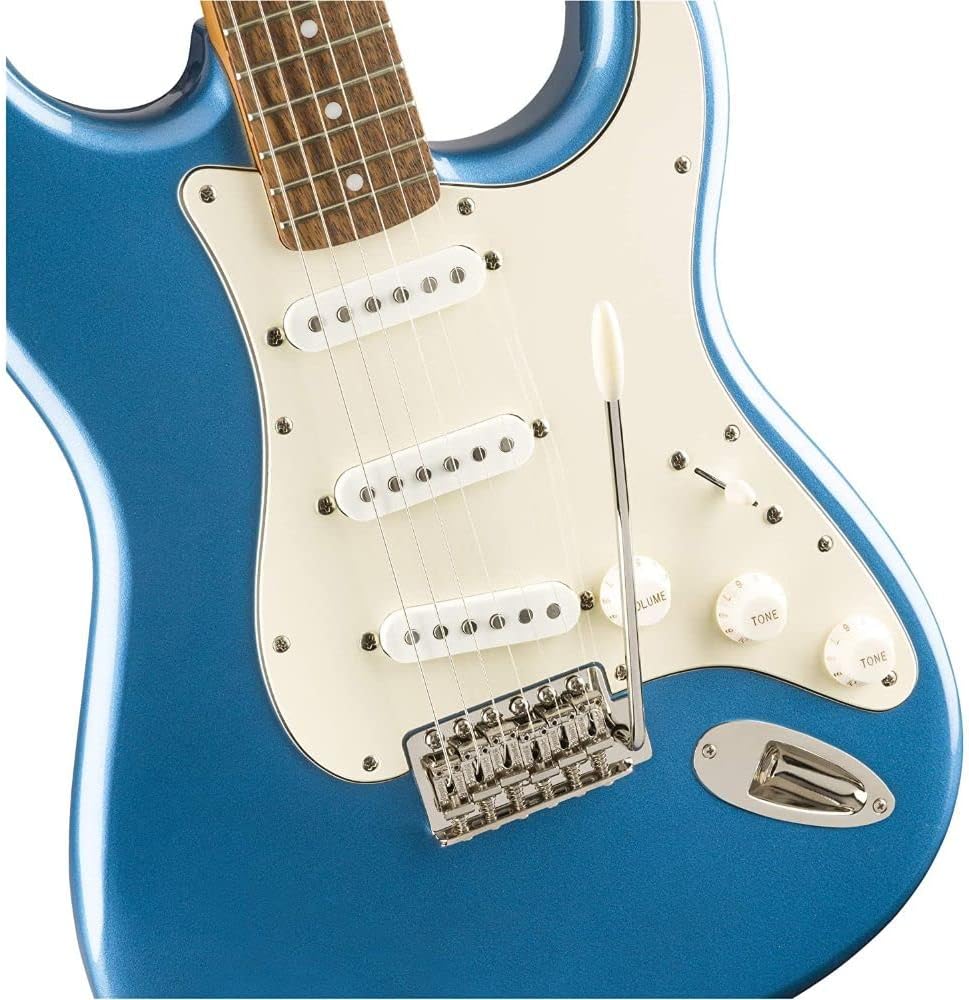 Squier Classic Vibe '60s Stratocaster Electric Guitar, Lake Placid Blue, Laurel Fingerboard Bundle with 10ft Cable, 12-Pack Picks, and 2