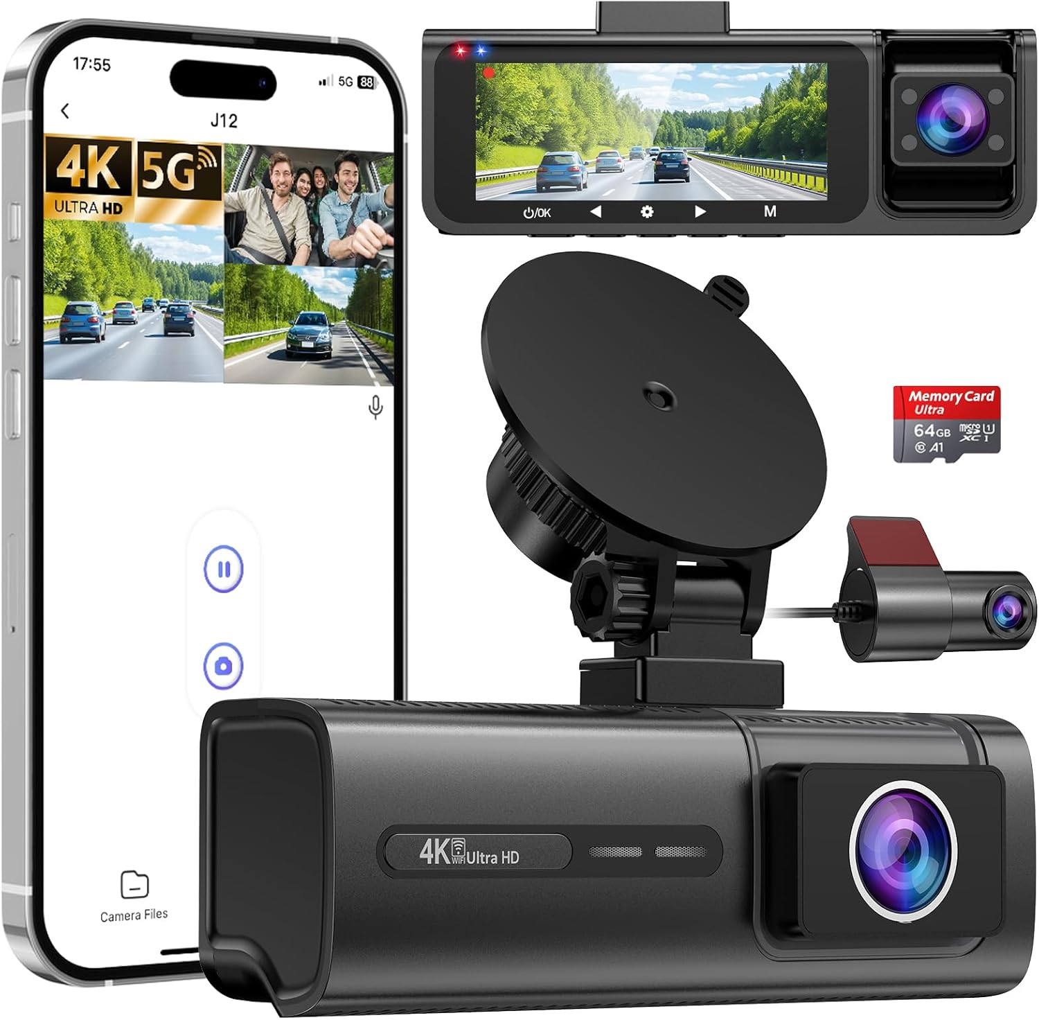 3 Channel 5G WiFi Dash Cam, 4K+1080P+1080P Dash Cam Front and Rear Inside with 64GB Card, 3.16” IPS Screen, G-Sensor, Loop Recording, Parking Monitor, 170° Wide Angle, IR Night Vision, WDR, Dark Gray