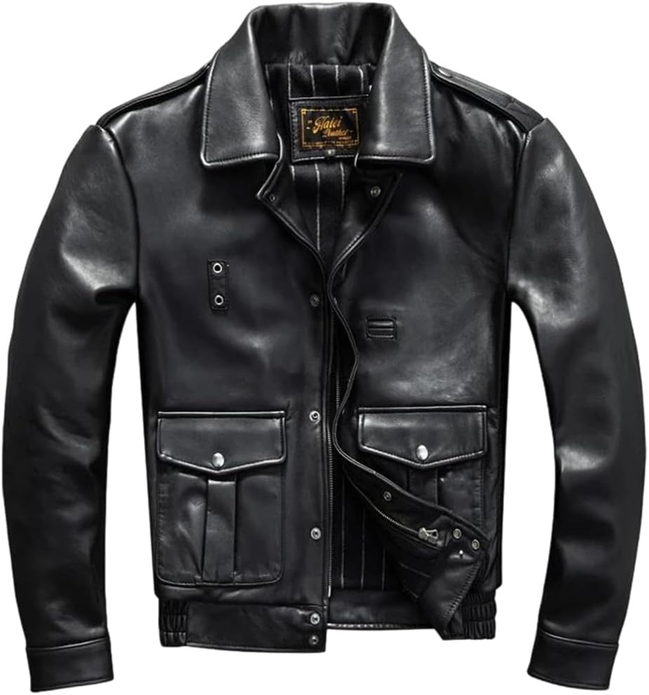 Men California Mounted Police Genuine Natural Thick Sheepskin Black Autumn Leather Jacket Coat