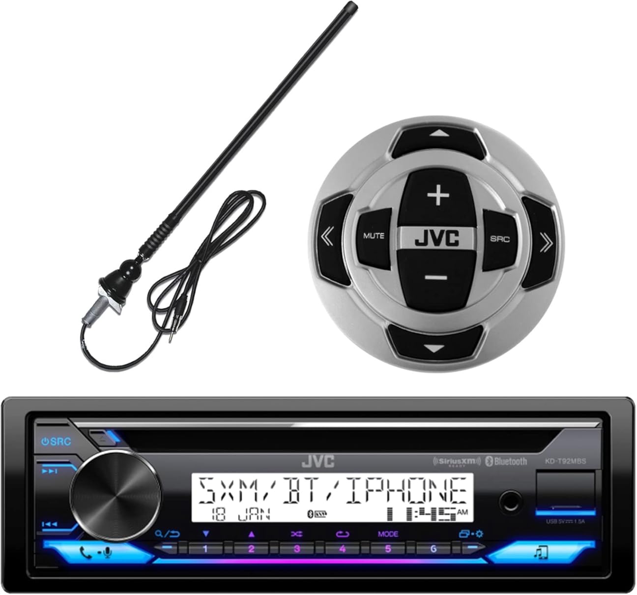 Single DIN in-Dash Marine Boat Yacht Bluetooth Radio USB AUX Stereo CD Player Receiver Bundle Combo with Wired Radio Remote and Enrock Long Range Marine Radio Antenna