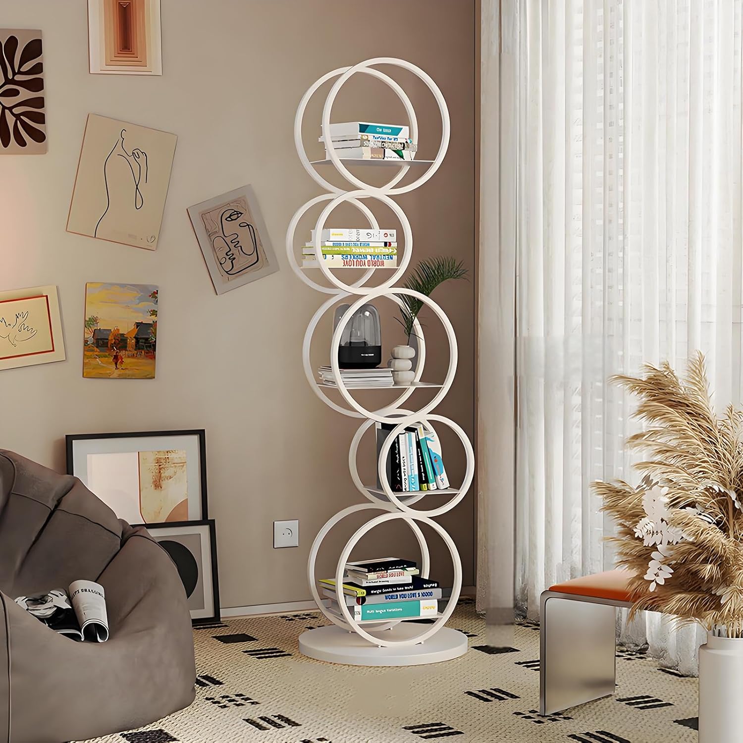 Irregular Geometric Bookshelf, Metal Decorative Storage Shelving, Modern Freestanding Display Shelves Bookcase, Tall Book Shelf Unit for Living Room Bedroom(White)