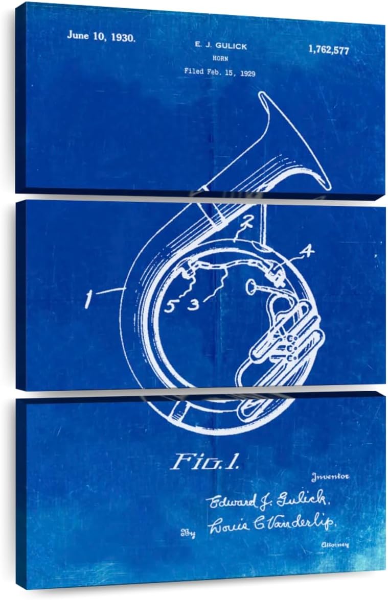 Elephant Stock - Faded Blueprint Sousaphone Patent Poster Wall Art - Vertical Multi Panel Canvas - 3 Piece Mancave Wall Decor - Drawing Music Blueprints Multi Piece Wall Art - Blue And White Decor by Cole Borders - 24