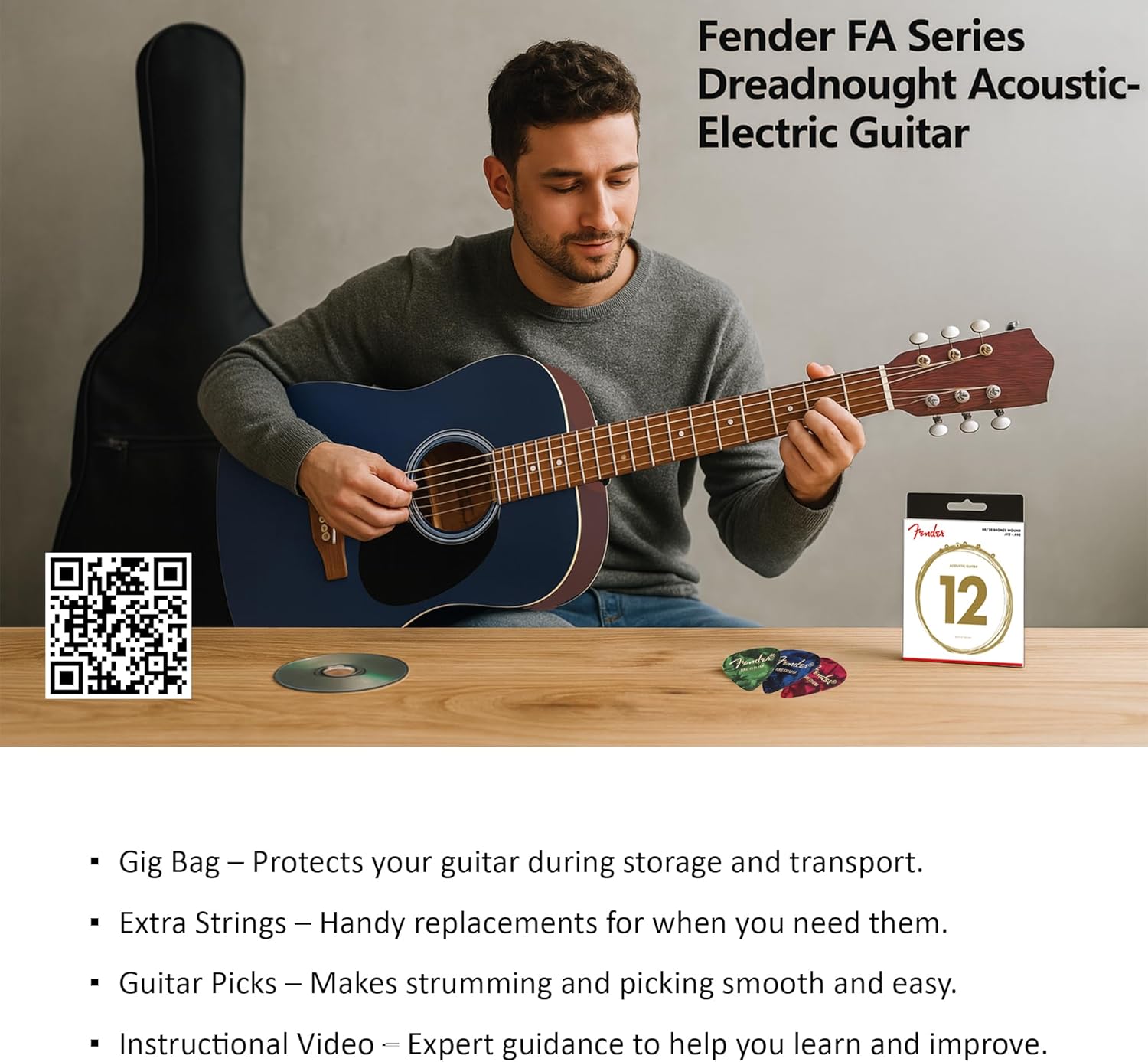 Fender FA Series Dreadnought Acoustic-Electric Guitar - Natural Bundle with Gig Bag, Strap, Strings, Picks, and Austin Bazaar Instructional DVD