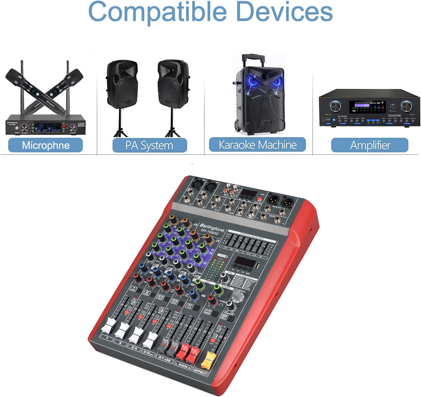 Professional 6 - Channel Bluetooth Studio Audio Mixer - DJ Sound Controller, USB Drive, PC Recording, RCA, XLR Microphone Jack, 7 Band EQ, 16BIT Digital Multi Effect Processor (BR-76MX)