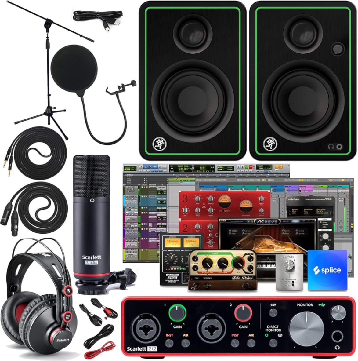 Focusrite Scarlett 2i2 Studio 3rd Gen USB Audio Interface and Recording Bundle with Monitors, Boom Microphone Stand, Microphone Cable, Pop Filter and Interconnect Cable (6 Items)