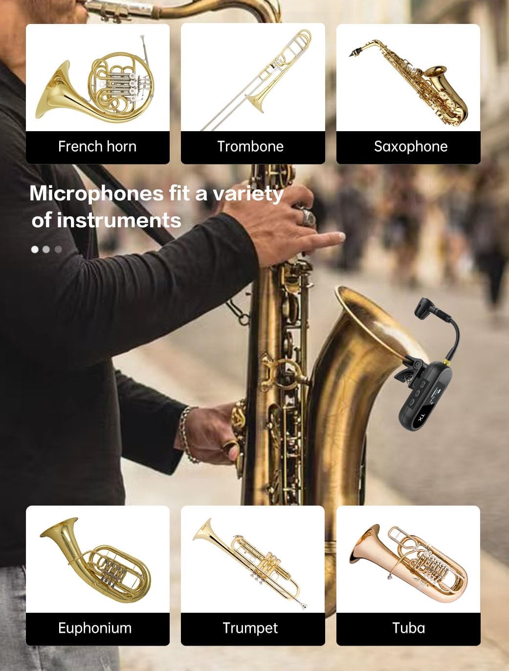 EBJ Wireless UHF Saxophone Microphone System, Clip Instrument Microphone Saxophone and Trumpet, preset EQ and Echo Level 100 feet Transmission, Full Charge can be Used for 8 Hours (M-03-2)
