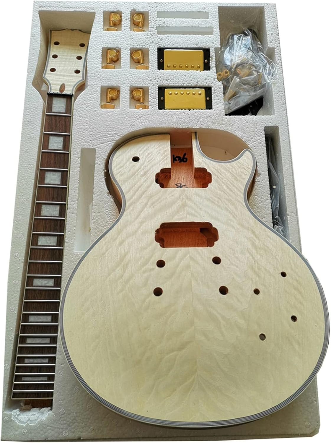 TSTS Unfinished Electric Guitar Kit All-in-one Neck Mahogany Okoume Body Flame Maple Veneer Unfinished Electric Guitar Kit (Color : 02)