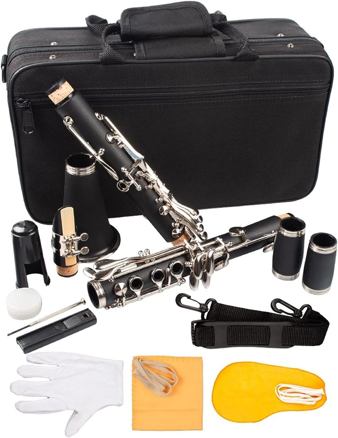 Standard Clarinet Black ABS Clarinet Bb Cupronickel Plated Nickel 17 Key with Cleaning Cloth Gloves Woodwind Instrument Beginner Clarinet
