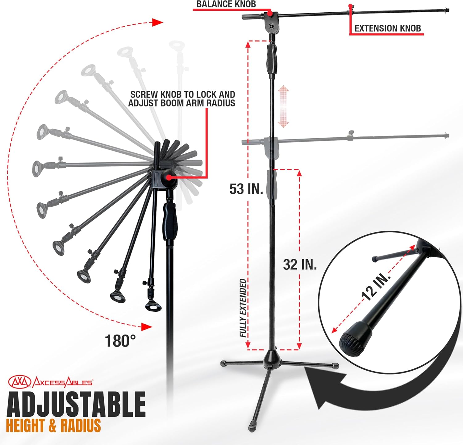 AxcessAbles AXCMS-201TB One Hand Microphone Stand with Tripod Base and Quick Grip Height Adjustment - Telescoping Mic Boom Arm Included. Tall Microphone Stand for Singing 2-Pack