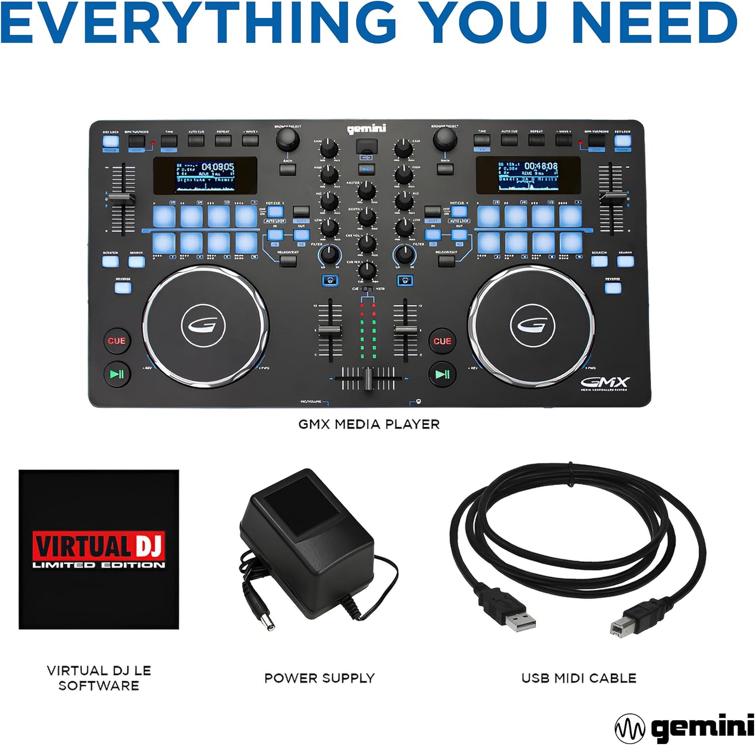 Gemini Sound GMX Versatile DJ Controller & Media Player - Compact USB/MIDI System with VirtualDJ LE, Ideal for Mobile DJs & Live Performances