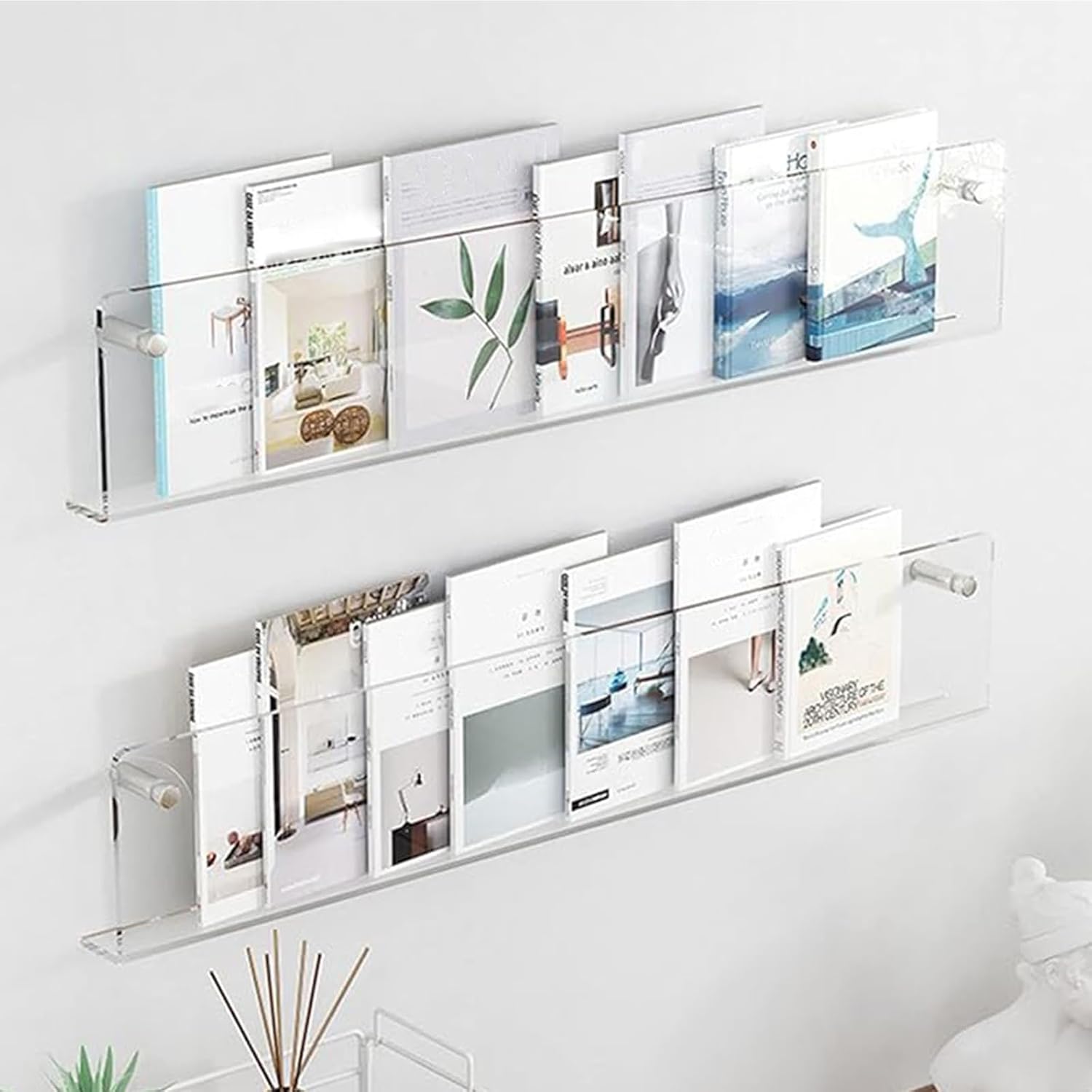 FPIGSHS 2 Pack - Acrylic Wall Magazine Rack，Clear Brochure Holder Wall Mount,Record Holder Wall,Hanging Bookshelf Literature Storage Rack,Floating Bookshelves for Offcie Home (Size : 120cm/47.2in)