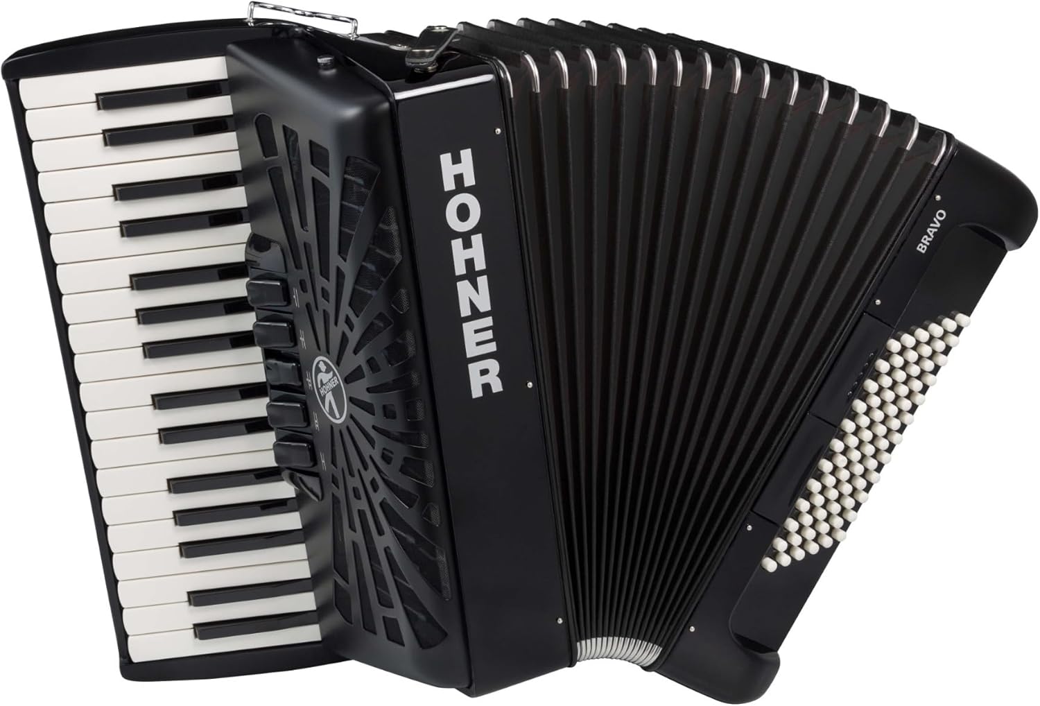 Hohner Bravo III 72 Chromatic Piano Key Accordion (Jet Black) with Standard Traps and Gig Bag, 34 Piano Keys / 3 Voices / 5 Tone Colors