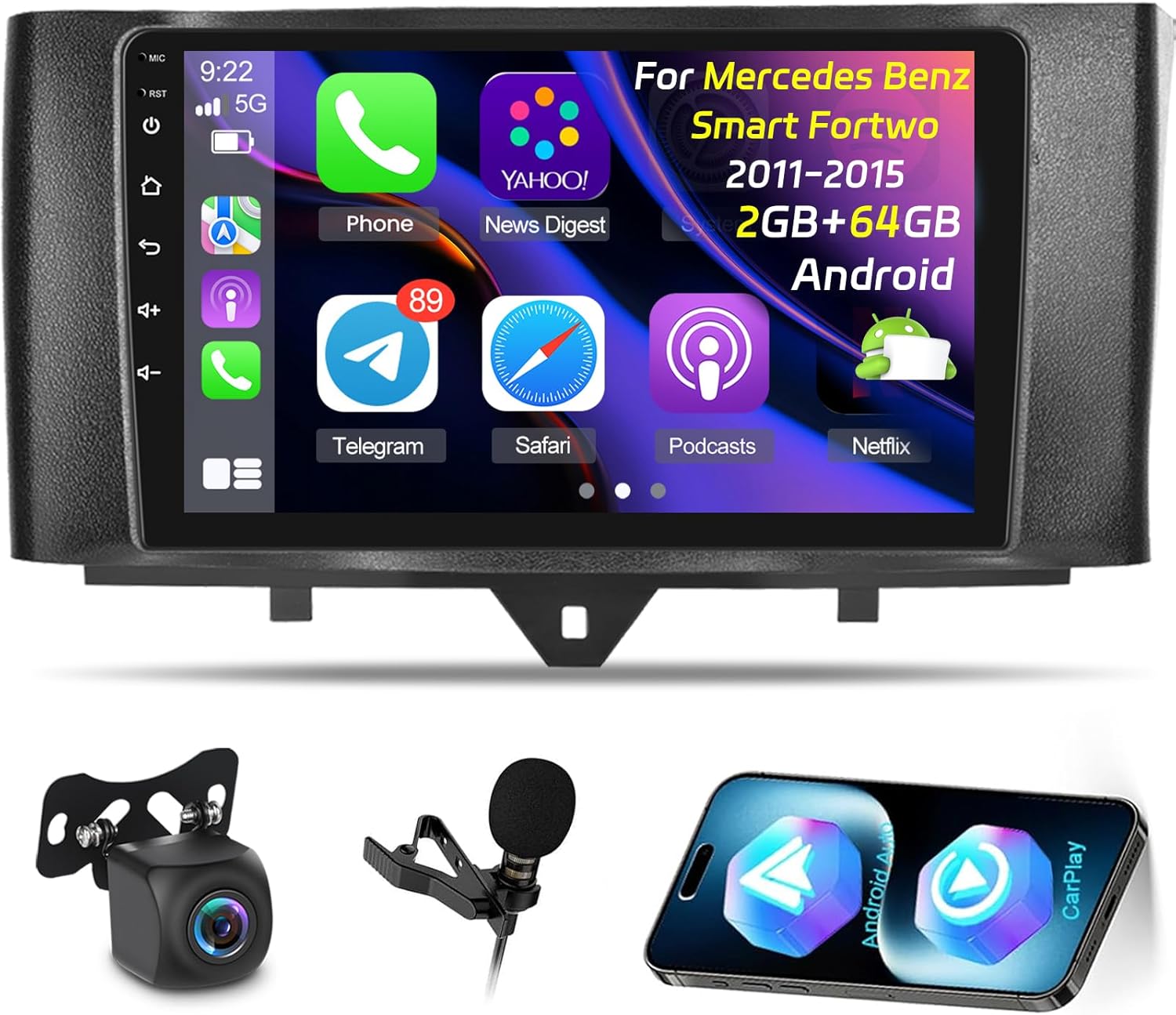 [2+64G] NHOPEEW Car Radio for Mercedes Benz Smart Fortwo 2011-2015 - Wireless Carplay and Android Auto - 9 Inch Touchscreen Android Car Stereo - DSP/WiFi/GPS/SWC/Bluetooth + AHD Backup Camera