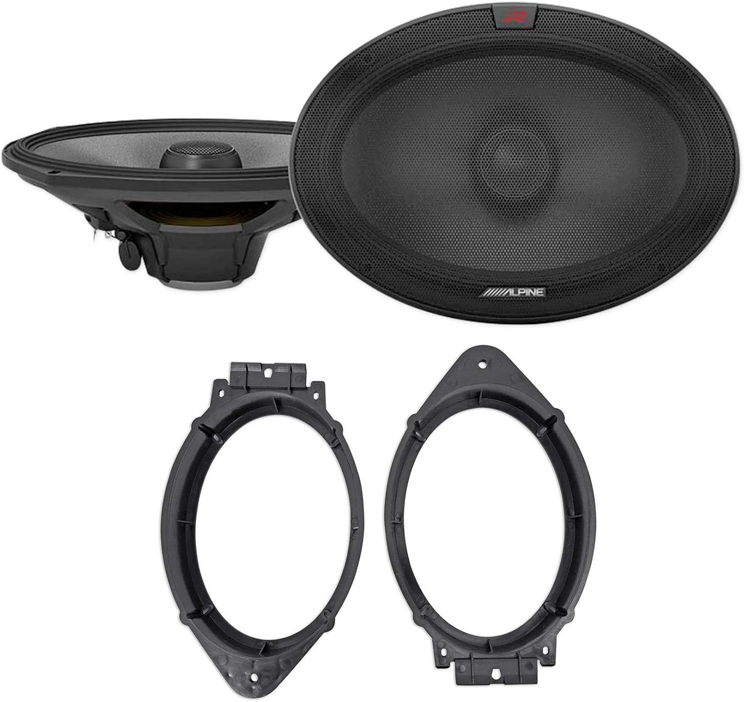 Alpine Pair R-S69.2 300 Watt 6x9 Car Audio Coaxial 2-Way Speakers bunlde with METRA 82-3004 6x9 Speaker Adapter Bracket Plate Compatible with 2014-Up Chevy (2 Item)