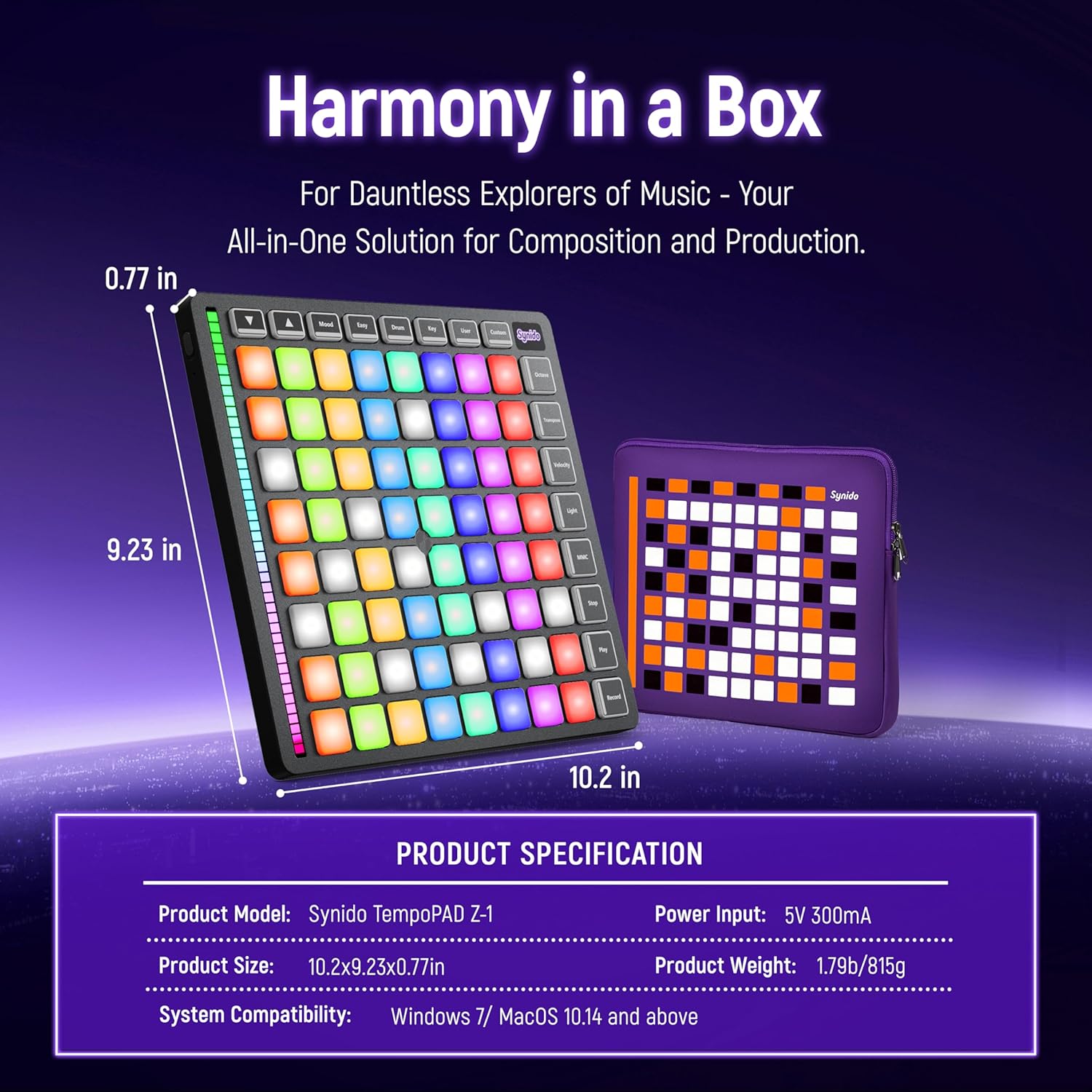Synido 25 Keys Wireless USB C MIDI Controller Keyboard and 64 Velocity Sensitive RGB Pads