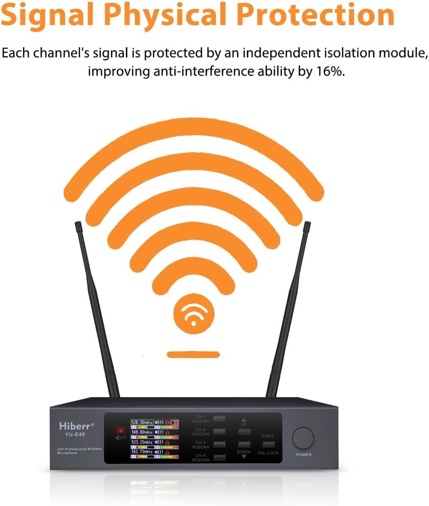 Wireless Microphone System, 4 Channels Adjustable UHF Wireless Microphone Metal Shell Vocal Wireless Mic for Church, Party, Singing, SpeechYU-E40HB Cordless Microphone
