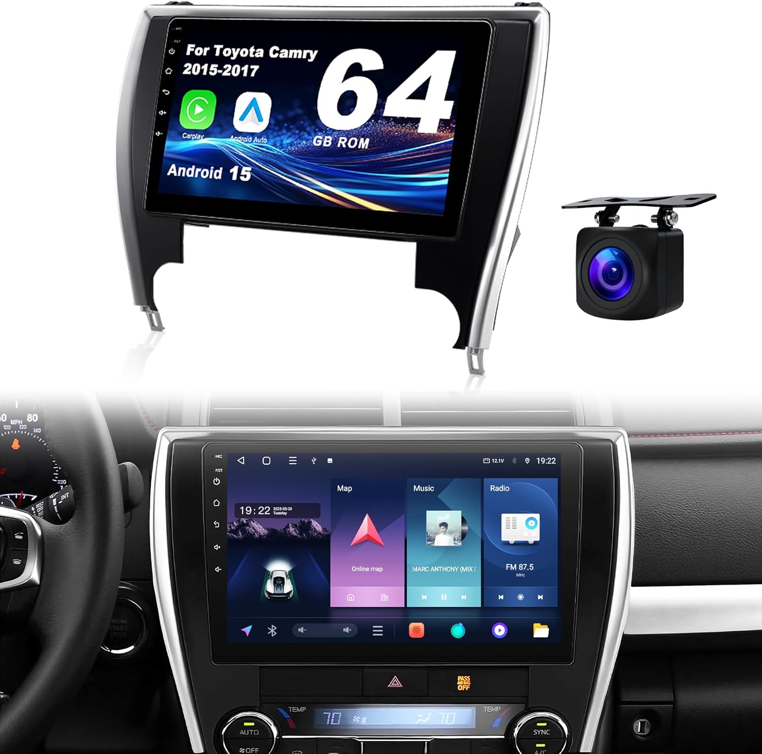 Android 15 Car Radio for Toyota Camry 2015-2017: 10'' 4GB+64GB Car Stereo Upgrade Wireless CarPlay & Android Auto with WiFi 6, Bluetooth, GPS Navigation, FM Radio, EQ, SWC, 1080P Backup Camera