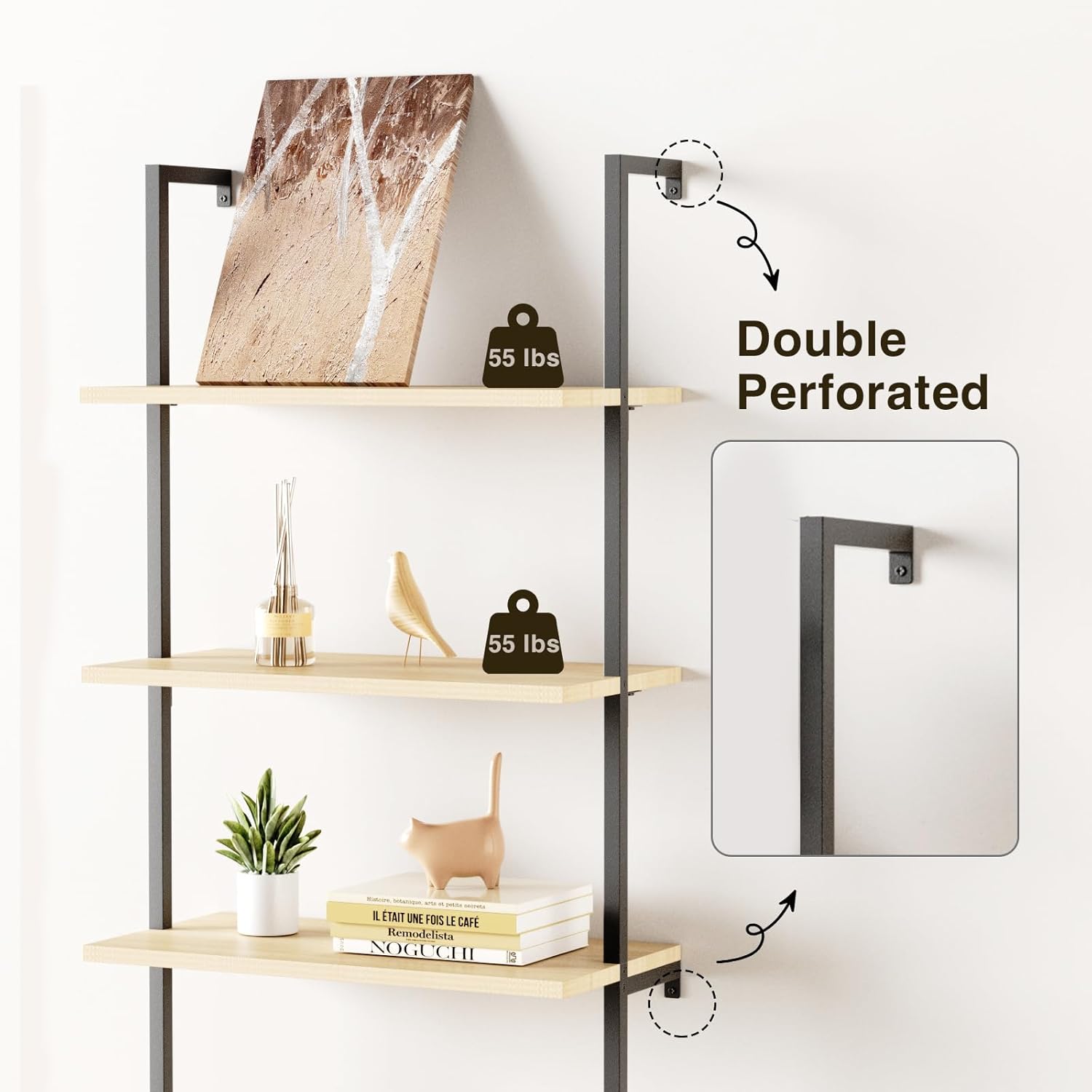 3 Tier Ladder Bookshelf with Rattan Cabinet, Open Bookshelf with Cabinet, Wall Mount Bookcase with Metal Frame for Home Office, Bedroom, Oak