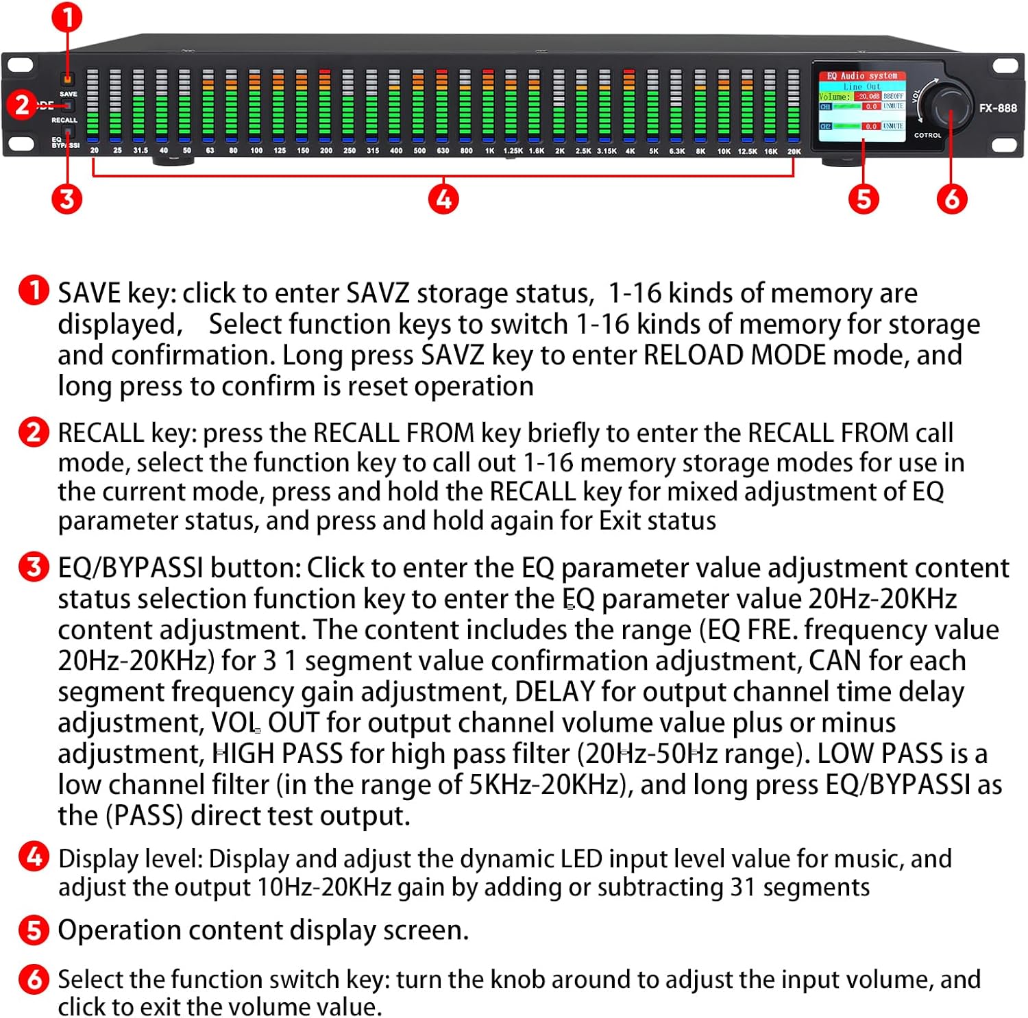 FX-888 Dual channel synchronized control 31-Band Digital equalizer Stereo Graphic EQ Noise Reduction Each segment with LED Spectrum Display Operation Content display large screen.