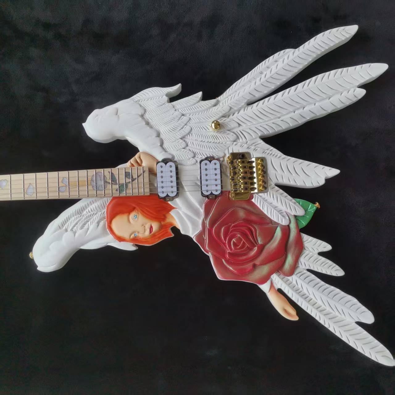 Hand Made Electric Guitar Angel Rose Inlay Body Abalone Flower Inlay Fretboard Gold Tremolo Bridge Whammy Bar (rose angel)