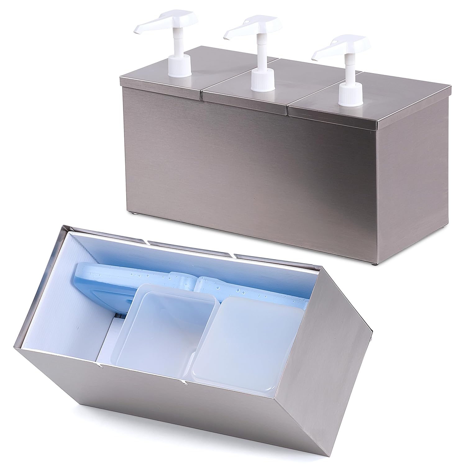 Carlisle FoodService Products Insulated Condiment Rail Condiment Center with 3 Pumps and Ice Packs for Gas Stations, Restaurants, And Fast Food, Stainless Steel, 15.88 x 7.38 x 11 Inches, Silver