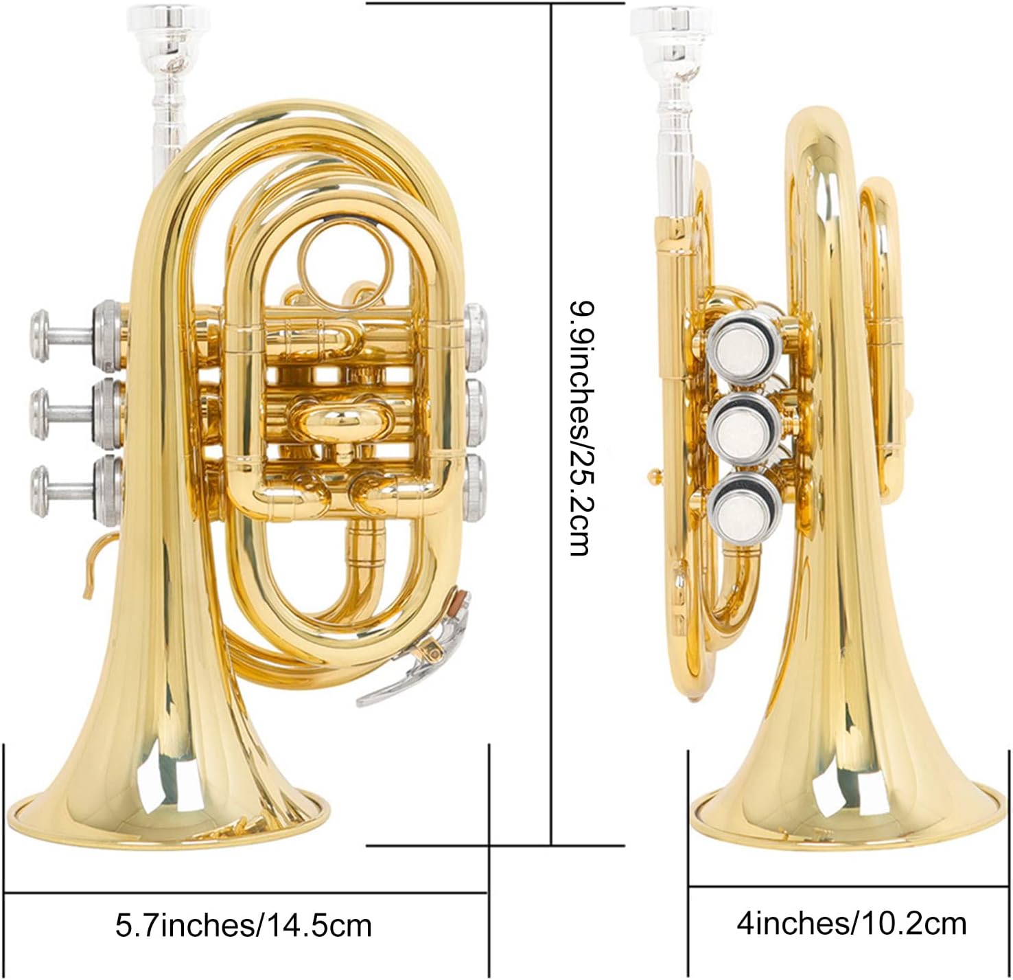 EB Pocket Trumpet Full Kit, Professional Pocket Trumpet Woodwind Instrument, Gold Lacquer Mini Trumpet Musical Instrument in E Flat for Beginner/Students/Performance, Gorgeous Sound