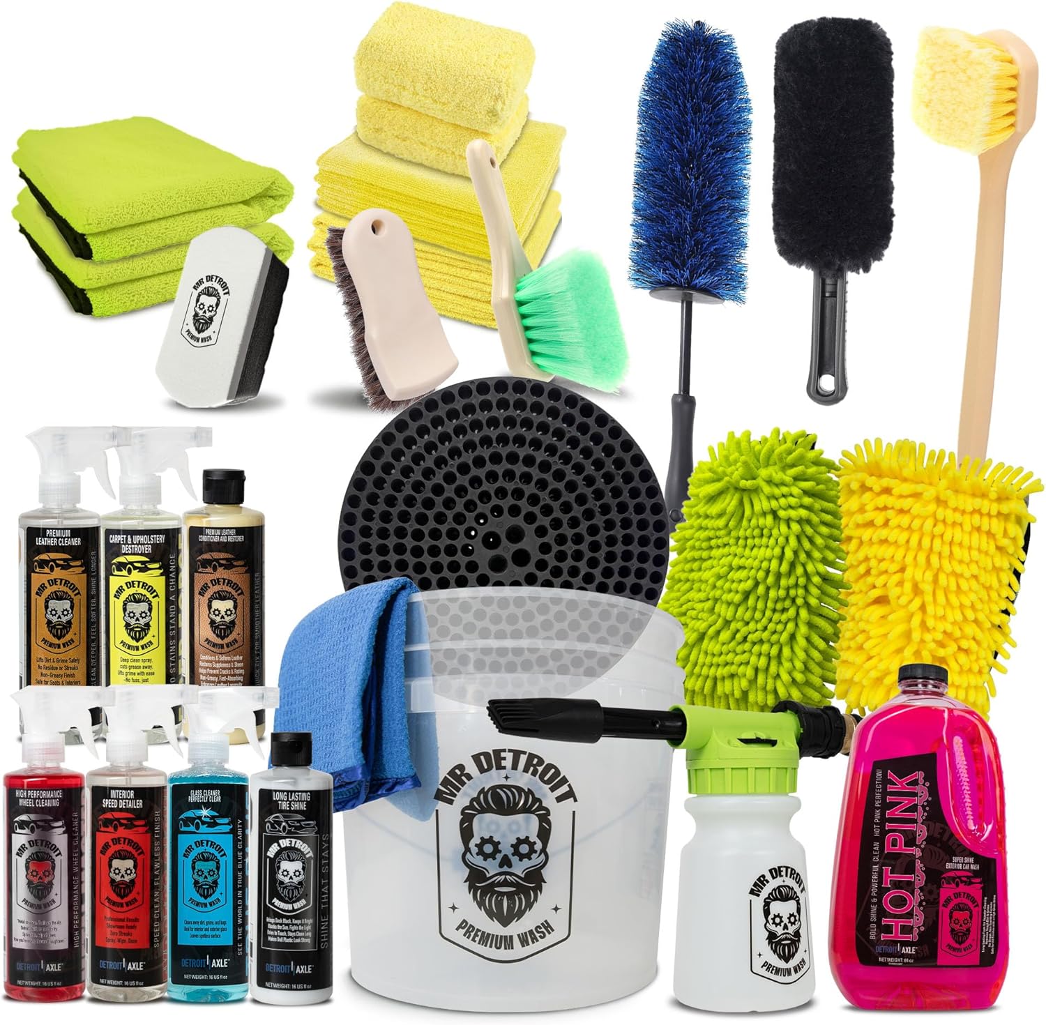 Mr. Detroit - 25pc Car Wash Kit with Foam Blaster, Bucket, Car Care Cleaners, Wash Gloves, Towels, Brushes, Leather Conditioner, Sponge Pads, Exterior & Interior Detailing for Vehicles