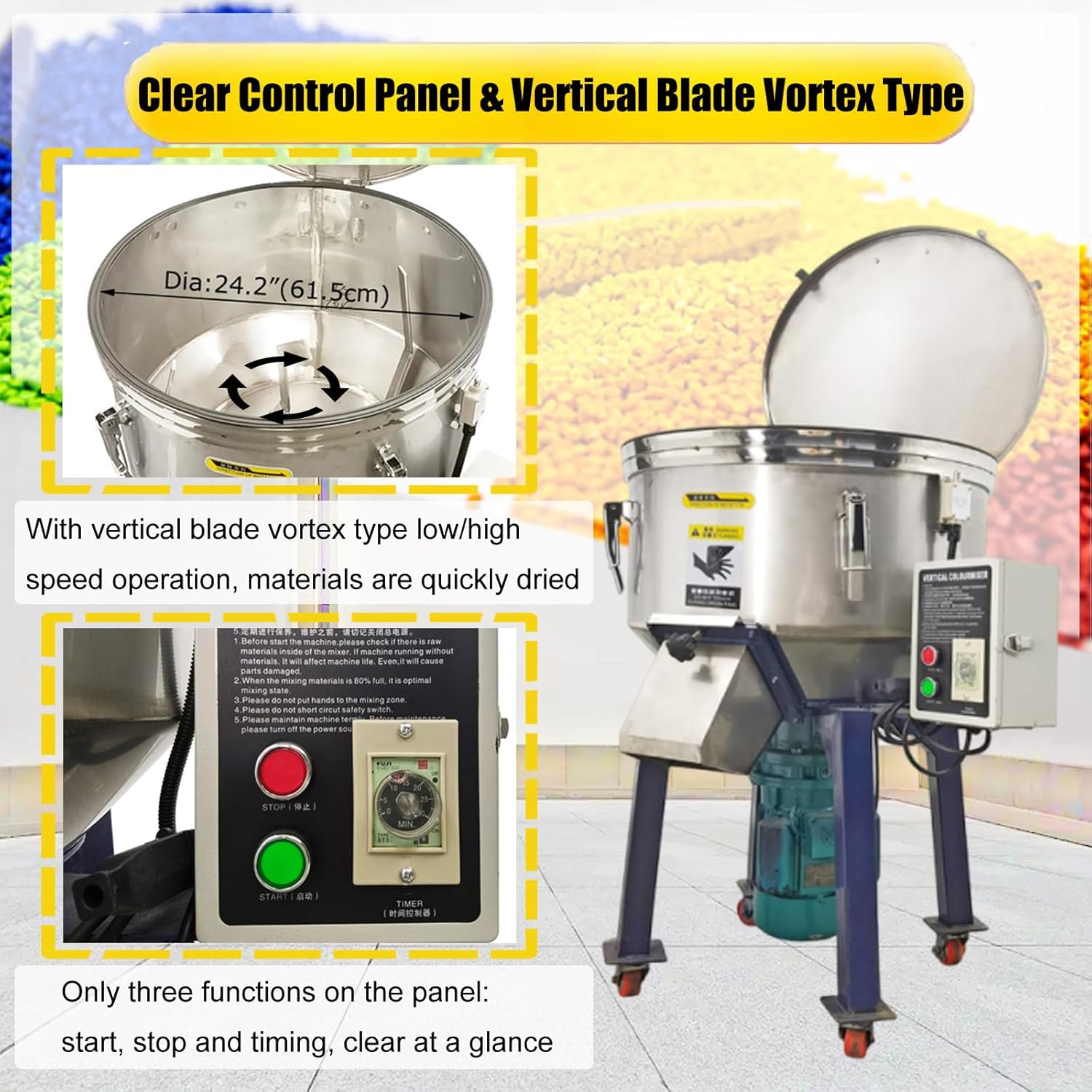 Industrial Blender Mixer Vertical Color Mixer 50kg Tank Material Mixing Machine Vertical Blade Vortex Type Blender 2HP Stainless Steel Blending Mixing Machine, AC110V Single-Phase