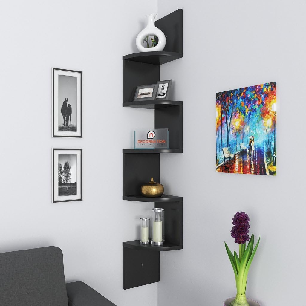 Royal Handicrafts DecorNation Wall Mount Corner Shelf Zigzag Shape shelving Unit (Black)