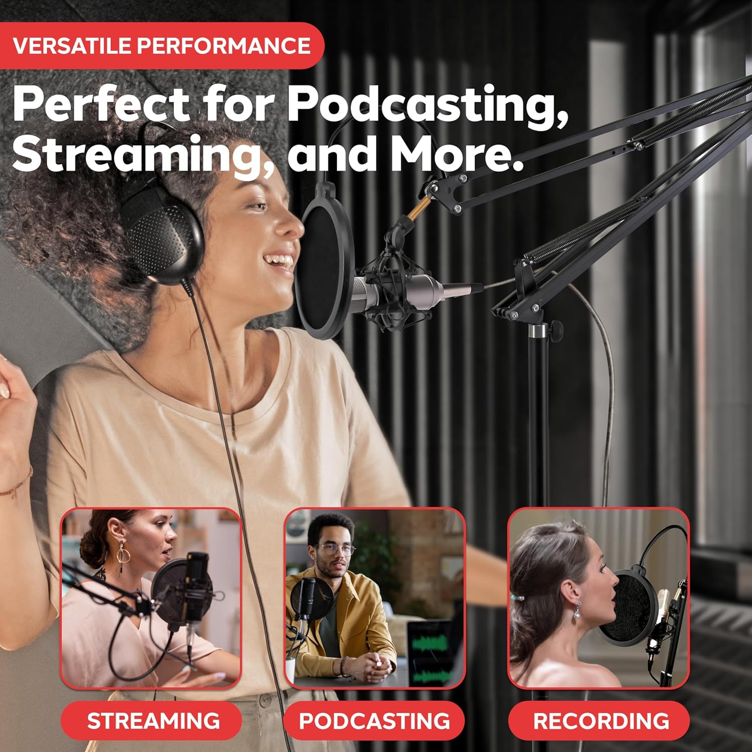 Pyle Microphone Boom Suspension Stand - Scissor Arm Mic Mount w/Shock Mount, Integrated Pop Filter, 3.1' ft. Max Extension, Suitable for Podcast Recording, Broadcasting, Streaming, Stage & Studio Use